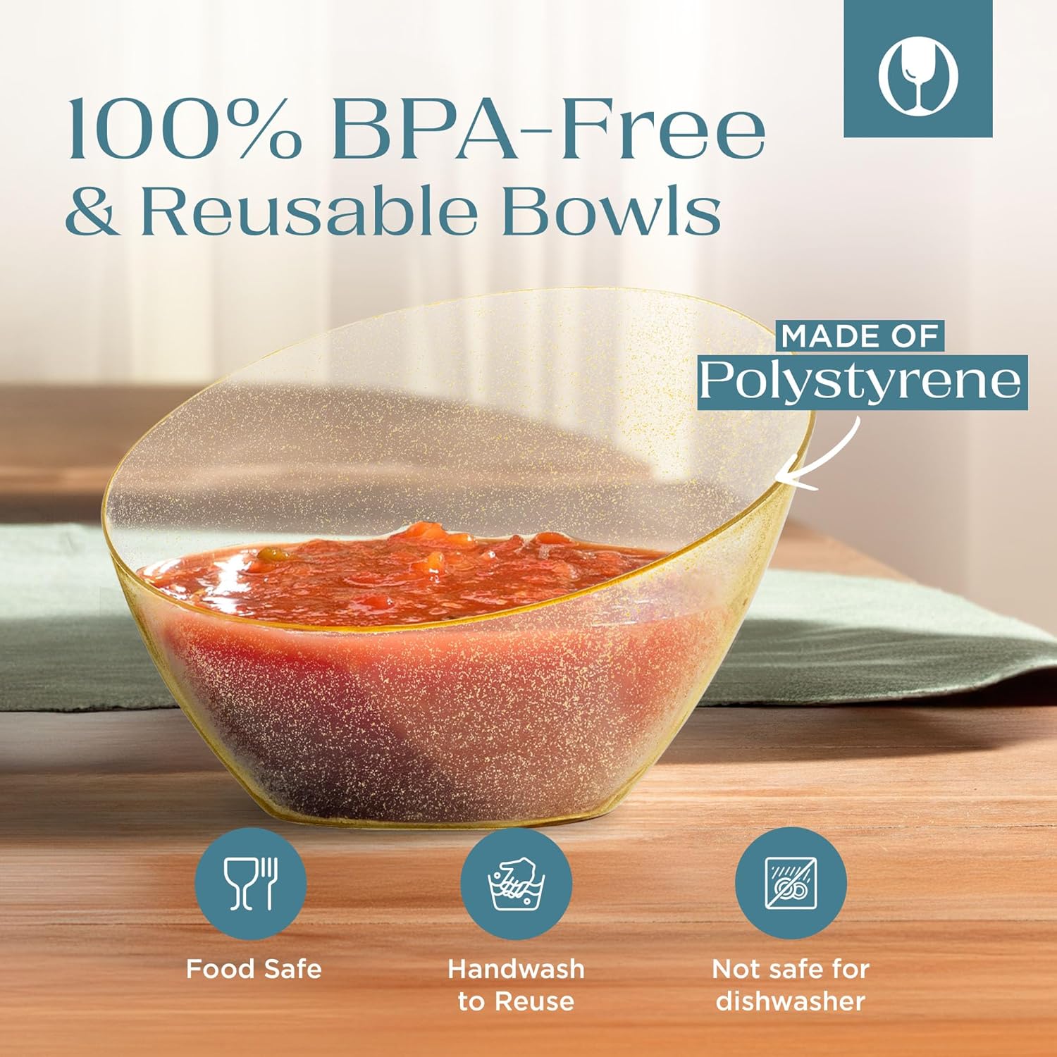 Posh Setting Gold Plastic Serving Bowls - Angled, Disposable for Chips, Candy, Salad, Fruit - Wedding and Party Table - Gold Glitter, 8 OZ, 5 Pack - Image 6