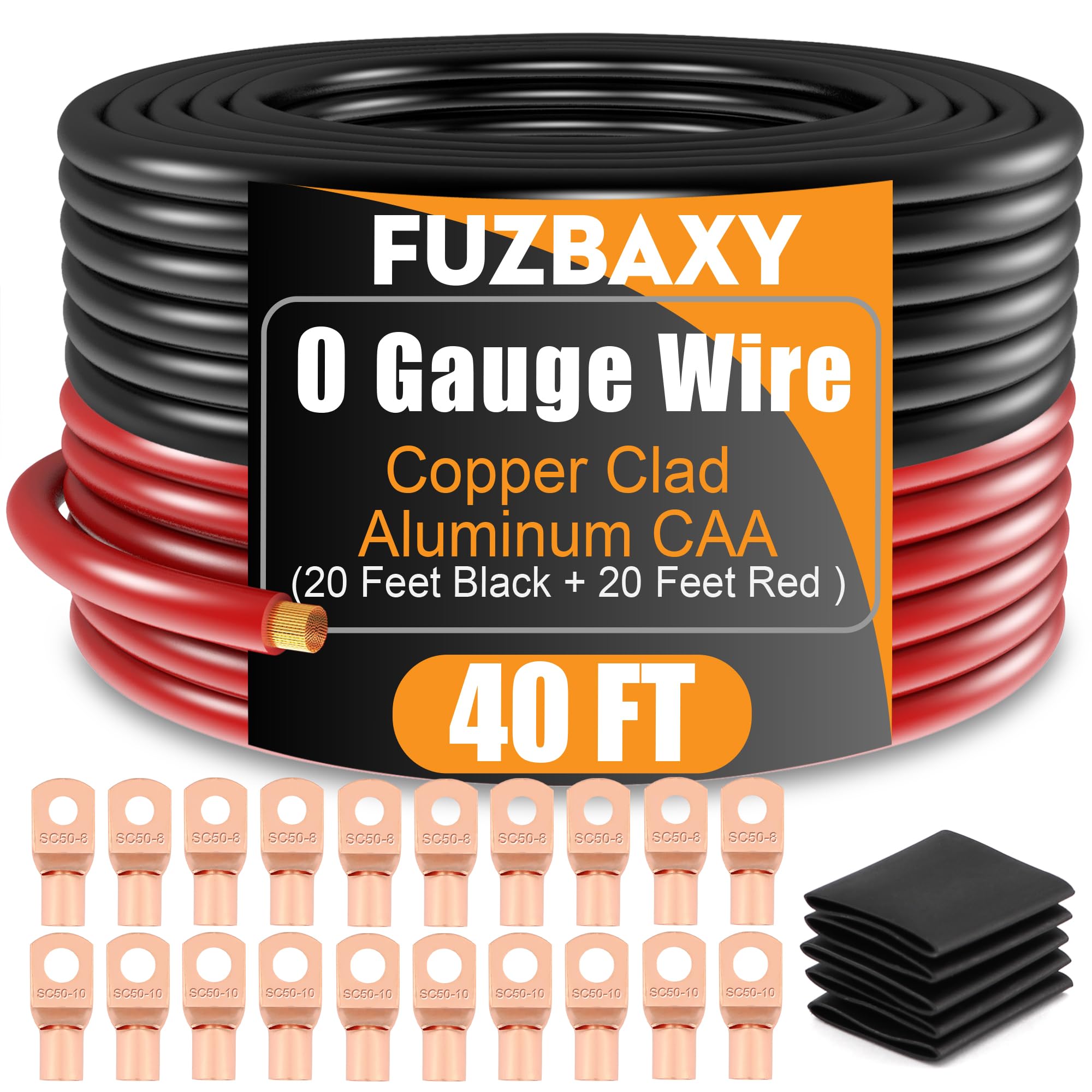 0 Gauge Wire 40FT (20Ft Black+20Ft Red) Copper Clad Aluminum(CCA),0 Gauge Battery Cable Wire,20pcs Lugs Terminal Connectors,20PCS Heat Shrink Tubing for Primary Wiring,Winch Wiring,Inverter Cables