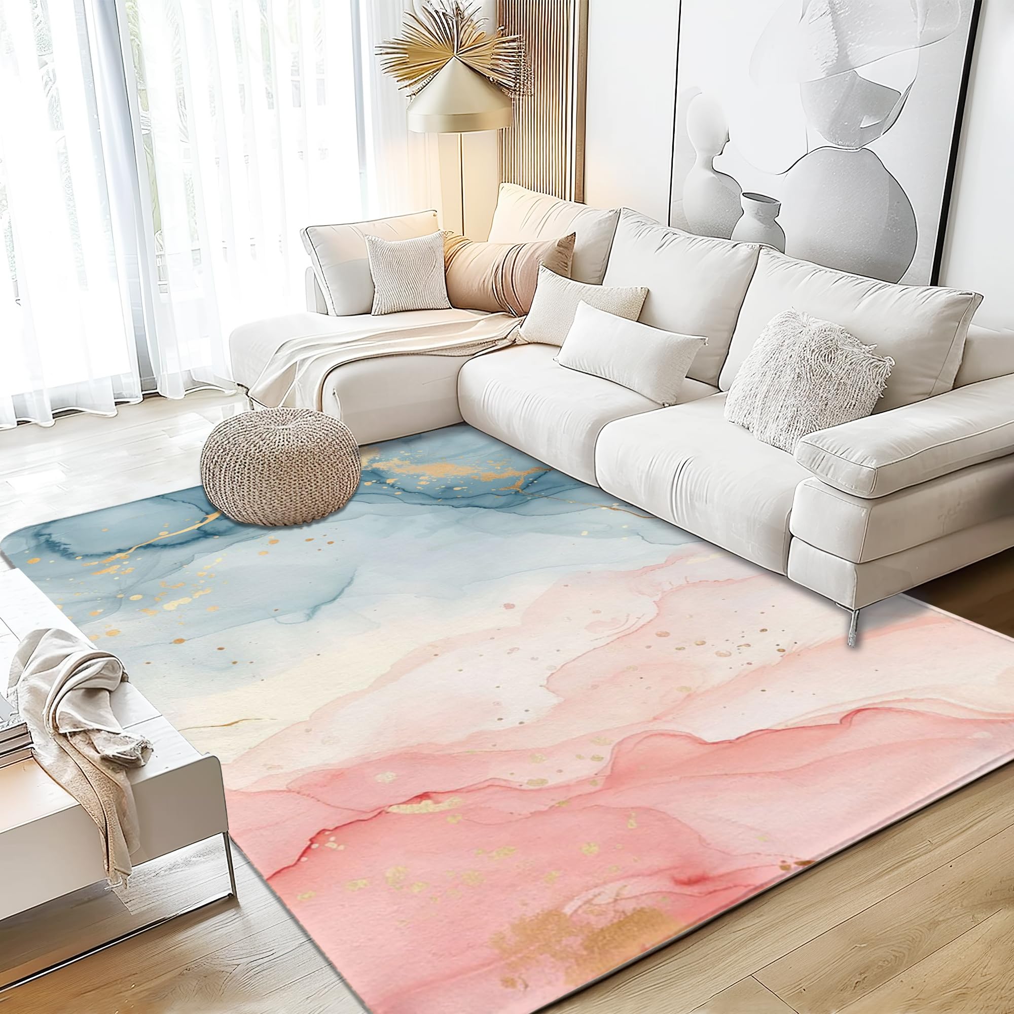 Teal Pink Area Rug 5x7, Washable Rose Gold Marble Rugs for Living Room, Ultra Soft Non-Slip Bedroom Rug Distressed Tribal Farmhouse Carpet Rug for