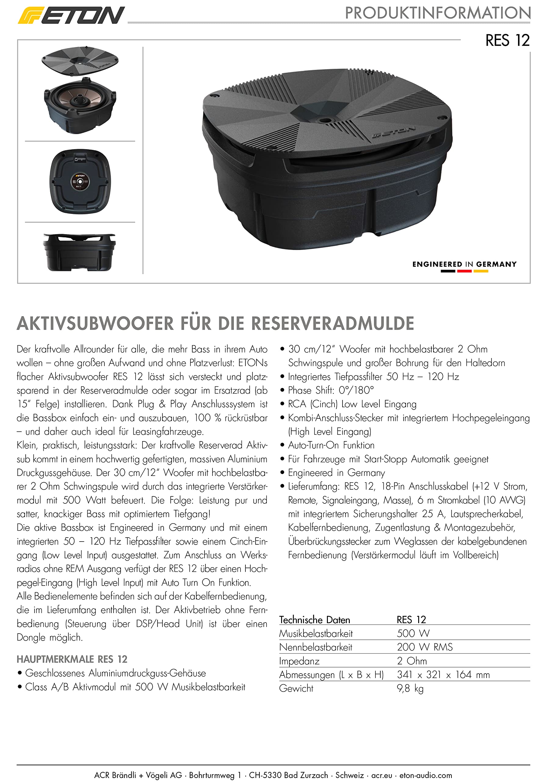 Eton Res 12 - Ruota di scorta piatta Subwoofer attivo, dotata di woofer da 30 cm/12" e amplificatore da 500 Watt, installazione Plug & Play anche nella ruota di scorta