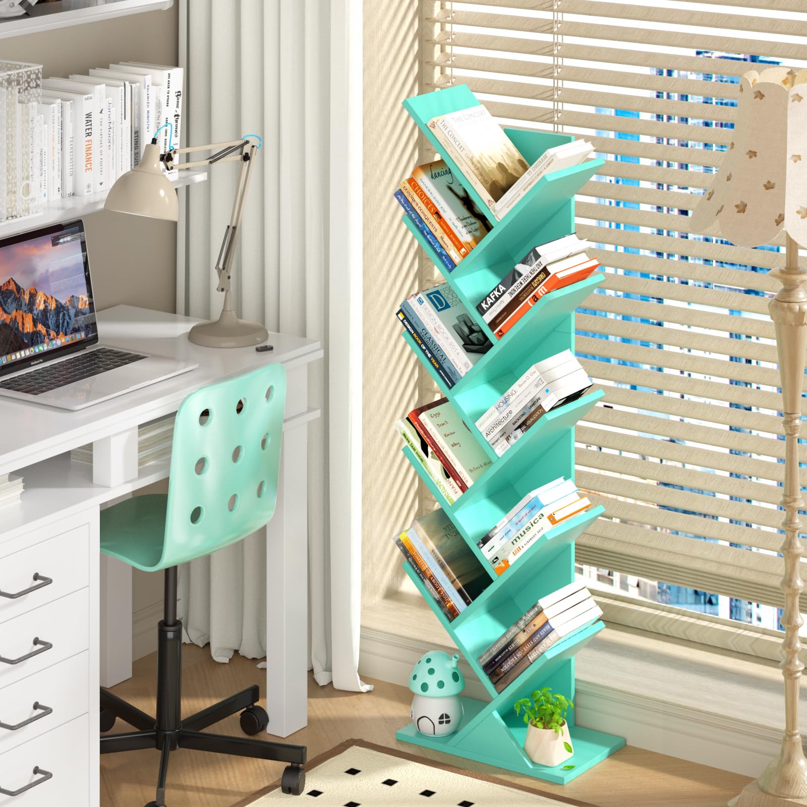 LELELINKY Bücherregal Baumform, Standregal 10 Ebenen für Bücher/CDs/Zeitschriften, DVD Bücherregal Holz, Bücher Regal für Wohnzimmer, Schlafzimmer und Heimbüro, Grün