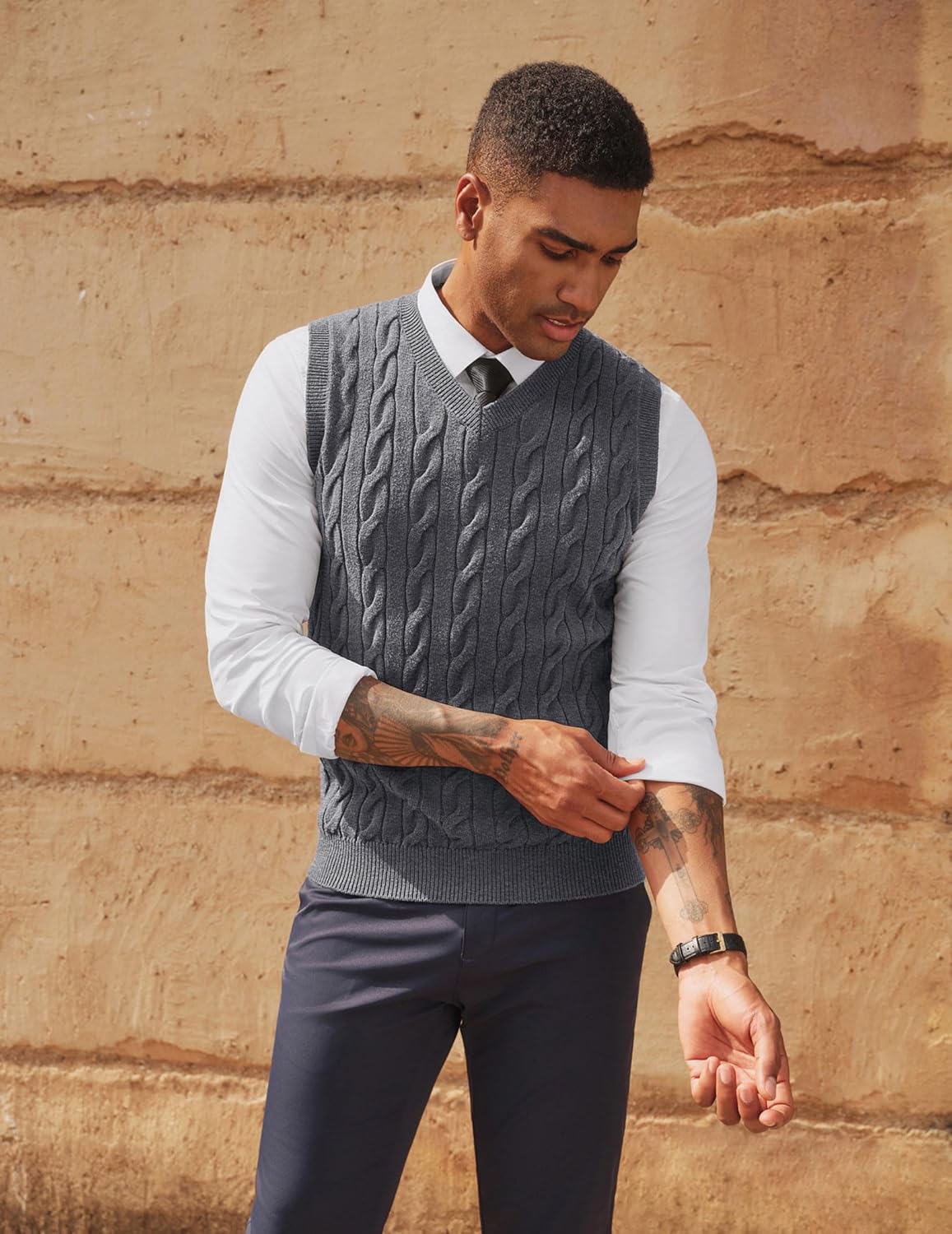 PJ PAUL JONES Men's Sweater Vests V Neck Cable Twist Knit Sleeveless Vests Casual Pullover Sweater - Image 3