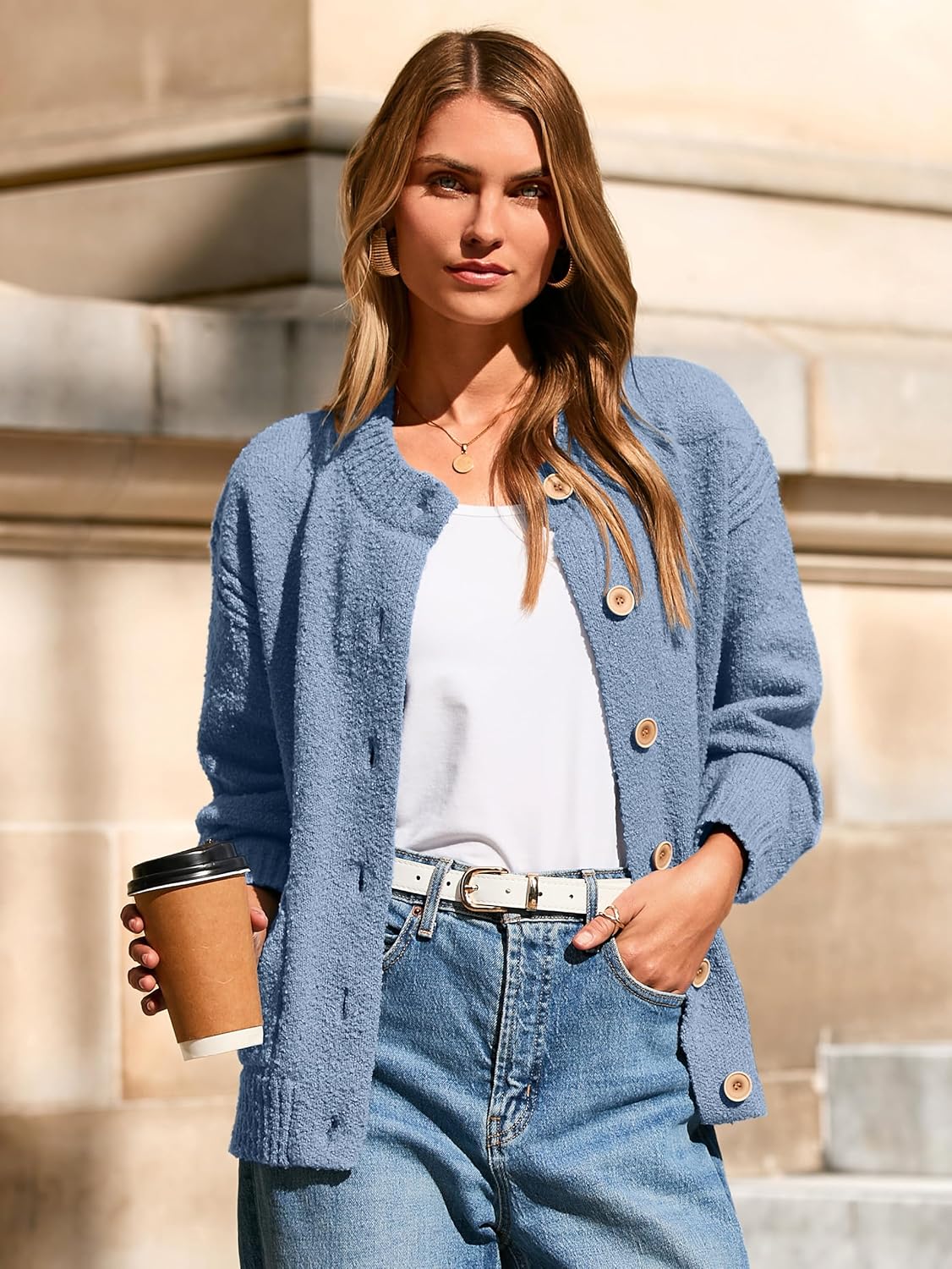 Glamaker Womens Fall Cardigans Sweaters Chunky Button Up Crew Neck Fuzzy Knit Long Sleeve Open Front Sweater Jacket - Image 3