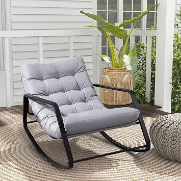 Outdoor Rocking Chair with Padded Cushion, Cozy Backyard Furniture Metal Frame, Outside Rocker Chair for Patio Lawn, Front Porch, Balcony Gray