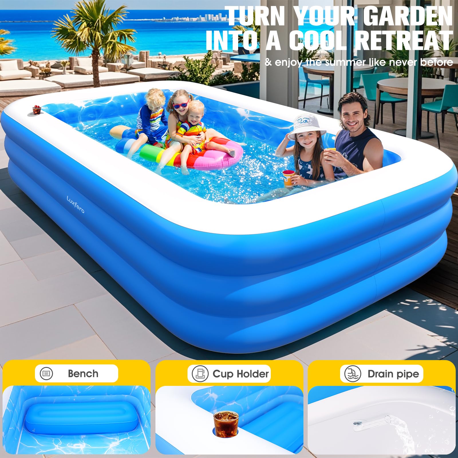 Luxfero Piscina Hinchable Grande con Asiento y Luces, 280x160x50 cm Piscina Inflable Adultos, 1400L Espesado Piscina Hinchables Rectangular, Piscina Hinchable Familiar para Jardin Adultos