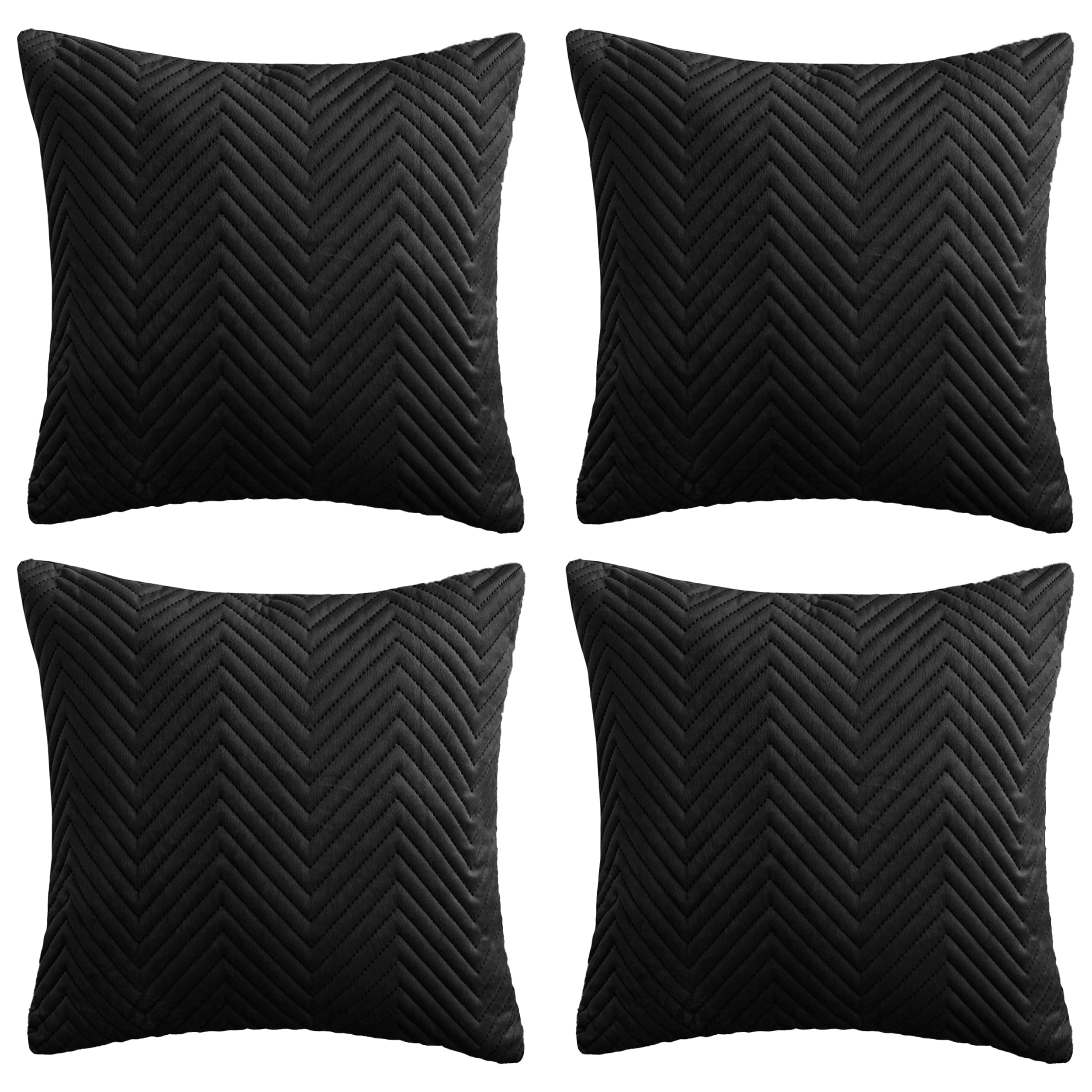 Hafaa Cushions with Covers Included 45 x 45 Cm Set of 8PCS (4 Black Cushion Covers, 4 Cushion Inserts) - Ultrasonic Velvet Square Throw Pillow Case Decorative Sofa Cushion with Invisible Zipper