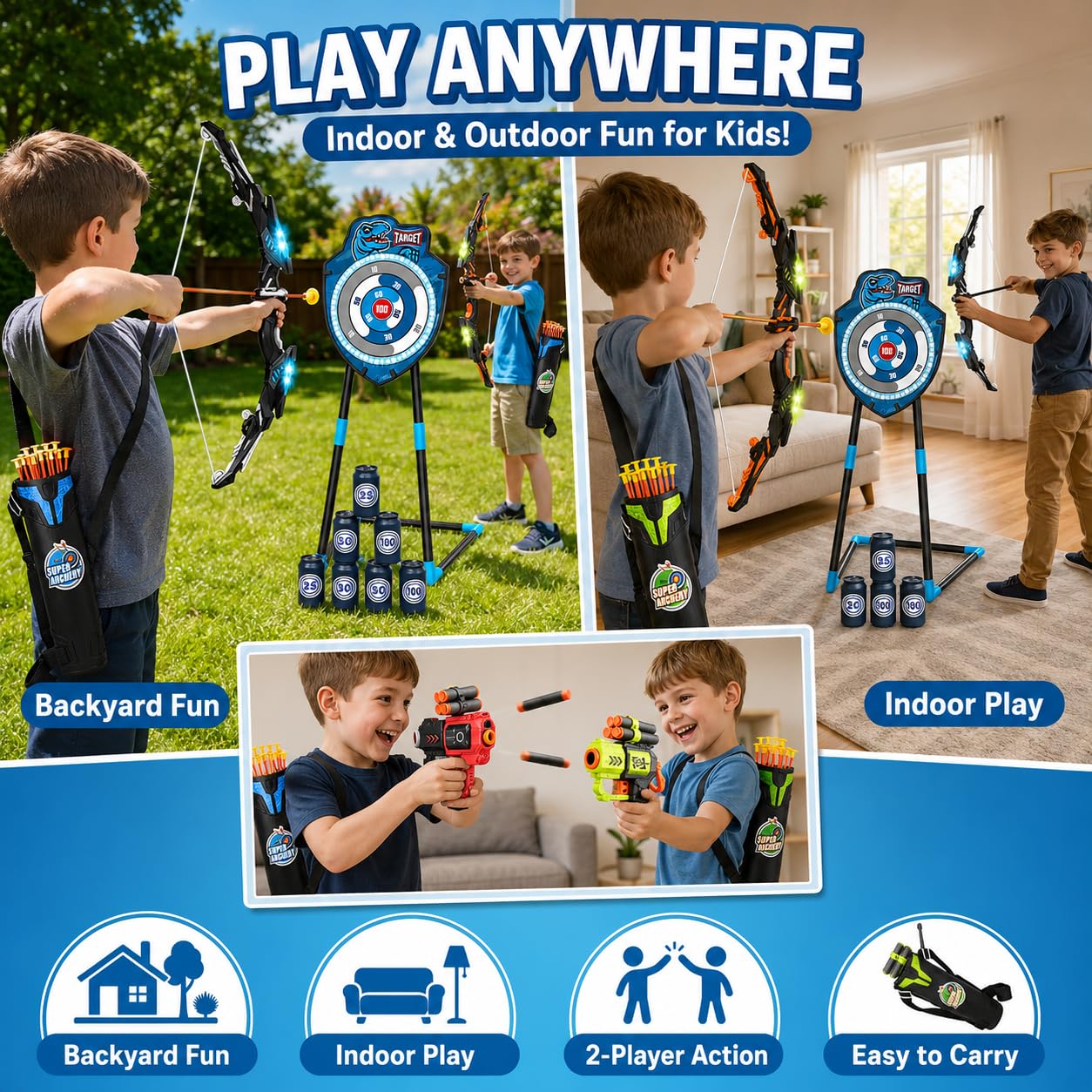 Kit de tir à l'arc LED pour enfants de 4 à 12 ans – Comprend un arc et des flèches, cible debout – Jouet de sport de plein air parfait pour garçons et filles (bleu/vert)