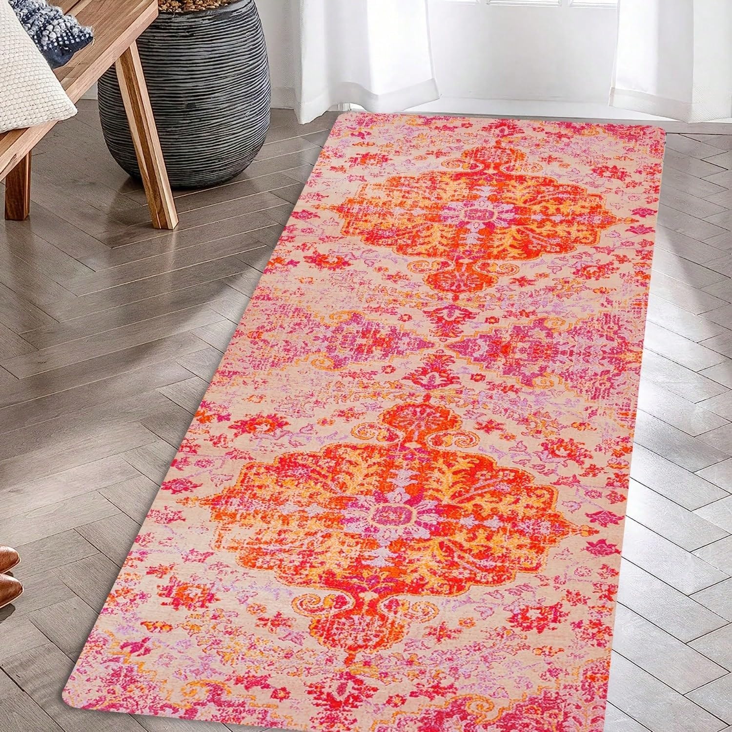 Tapis de sol fin bohème 150x150 cm au design floral vieilli pour salon cosy