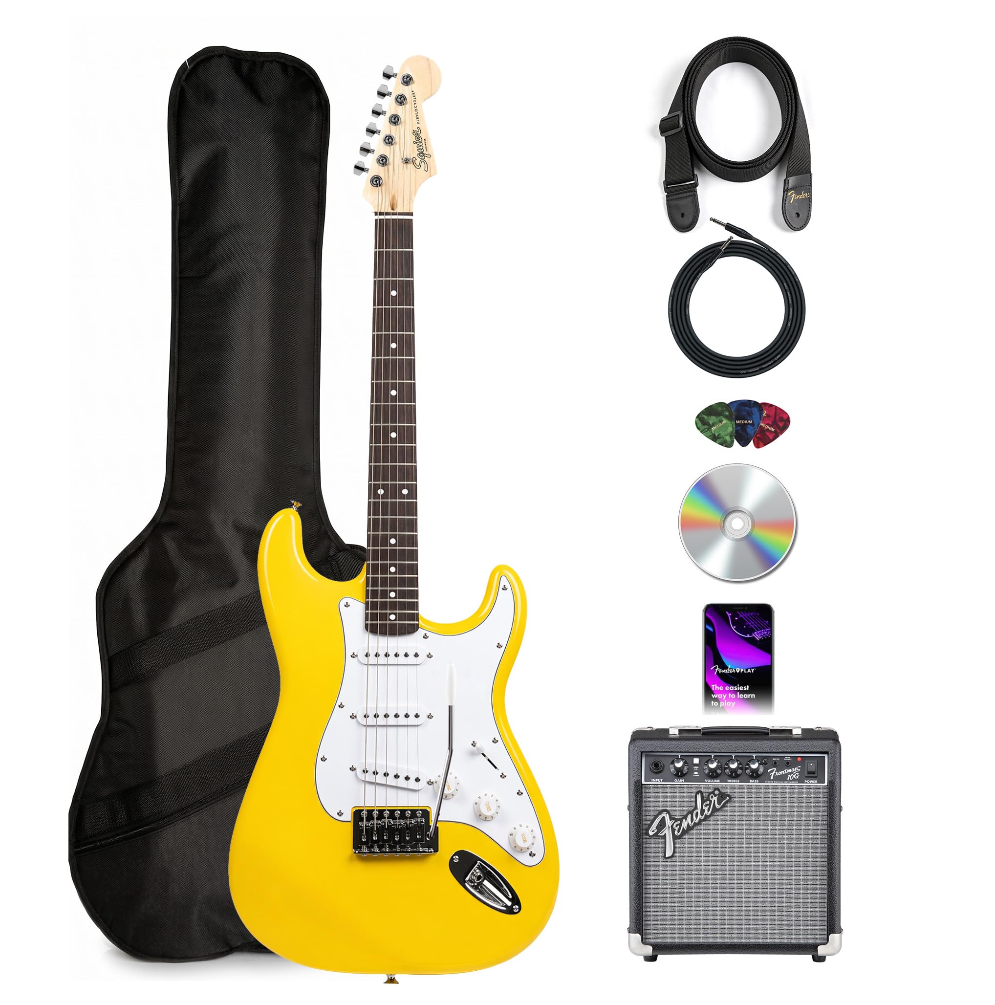 Fender Squier Stratocaster - Graffiti Yellow Bundle with Frontman 10G Amplifier, Gig Bag, Instrument Cable, Strap, Picks, and Austin Bazaar Instructional DVD