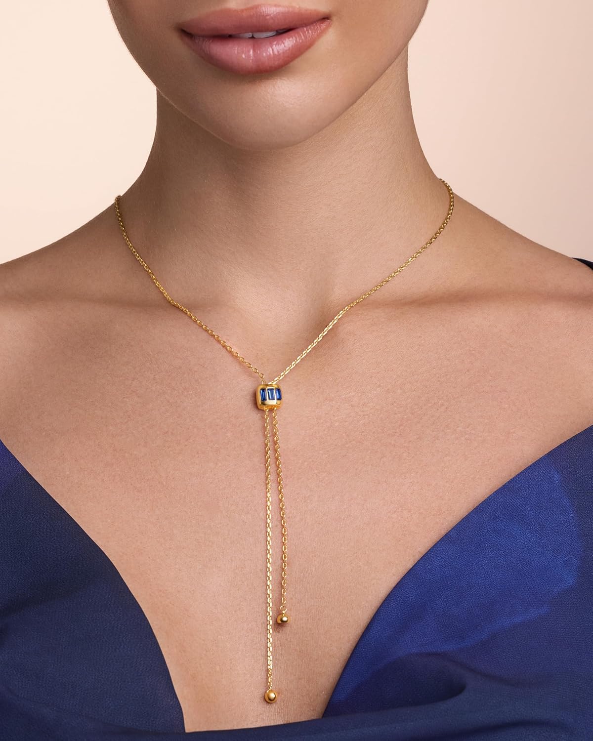 Visit the SNGIA Store Long Drop 18K Gold Plated Stacked Layered Lariat FULLY ADJUSTABLE Pull Through Blue Sapphire CZ Tassel Chain Pendant Necklace For Women by SNGIA, Dainty Trendy Gemstone Bolo Slip Sweater Statement Jewelry Gifts, Bohemian Vintage Handmade Unique Exaggerated Cute Thin Skinny Dainty Chain, Summer Beach Fashion Nickle Free Rhinestone Accessories - Image 4