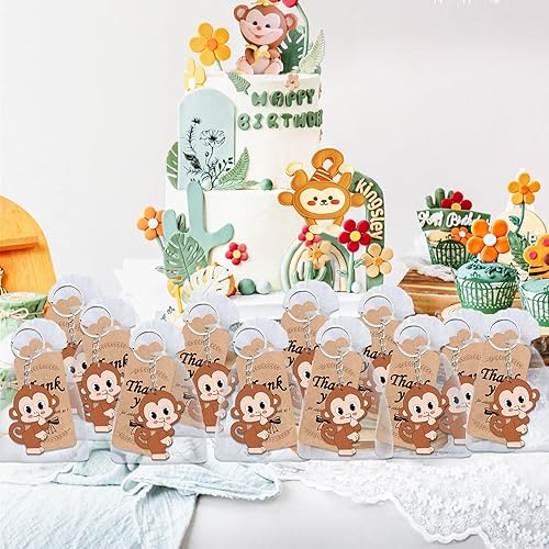Miniatura 5 de Elecrainbow El paquete de 60 recuerdos de fiesta de mono incluye 20 llaveros de mono, 20 etiquetas de agradecimiento, 20 bolsas de regalo para