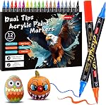 Acrylic Paint Pens Markers, 12 Colors Dual Tips Waterproof Paint Markers For Rock Painting, Fabric, Metal, Glass, Wood, Canvas, Ceramic, Plastic, Non-Toxic & Odor, Premium Art And DIY Craft Supplies