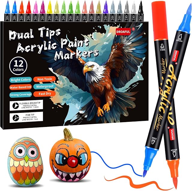 Acrylic Paint Pens Markers, 12 Colors Dual Tips Waterproof Paint Markers For Rock Painting, Fabric, Metal, Glass, Wood, Canvas, Ceramic, Plastic, Non-Toxic & Odor, Premium Art And DIY Craft Supplies