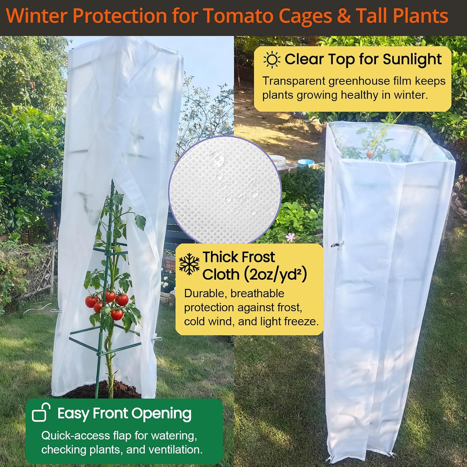 3-Pack 12" Width Up to 63" Tomato Cage & Winter Plant Cover Bundle – Adjustable Square Tomato Cages with Frost Protection Covers
