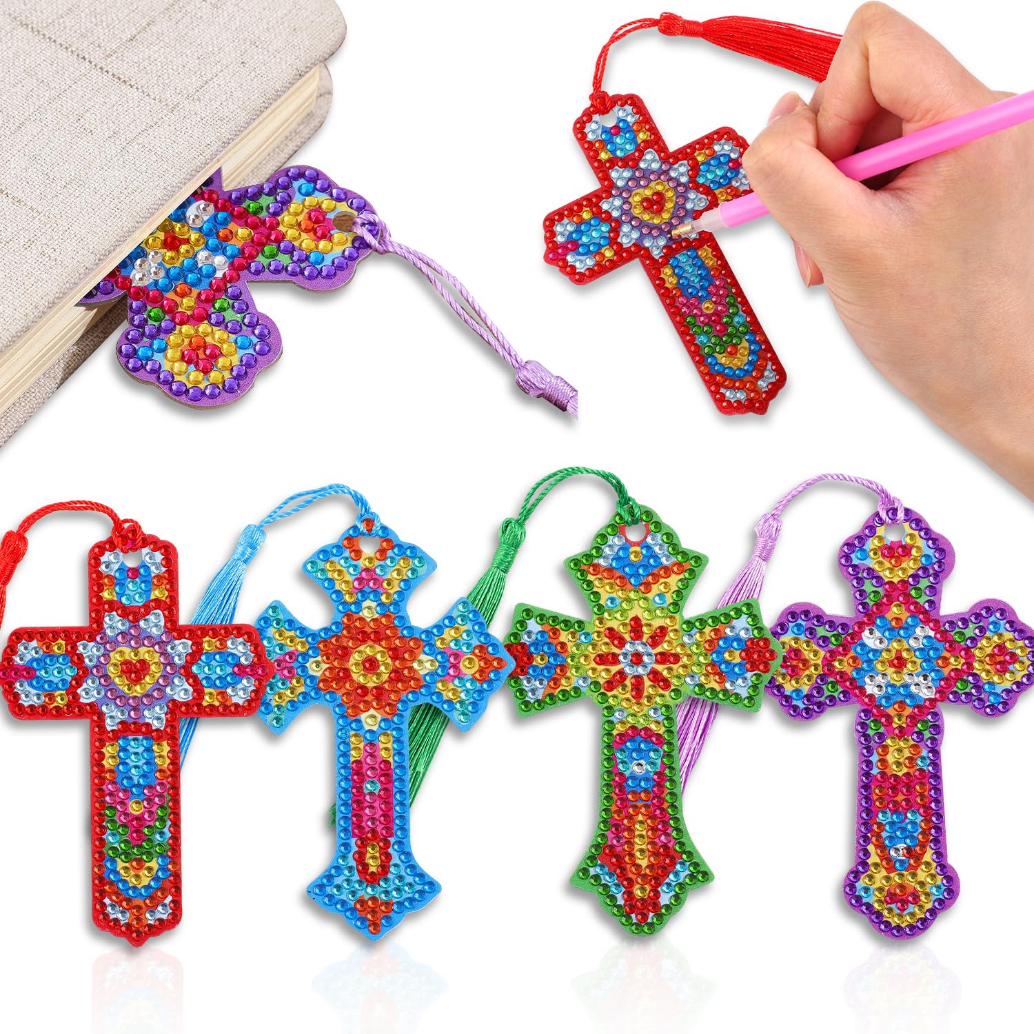 4 Pcs Cross 5d Diamond Art Bookmarks, DIY Acrylic Crystal Christian Bookmark with Tassel, Handmade Crafts Religious Book Mark Gift for Book Lovers Women Girls Teenagers Creative Decor