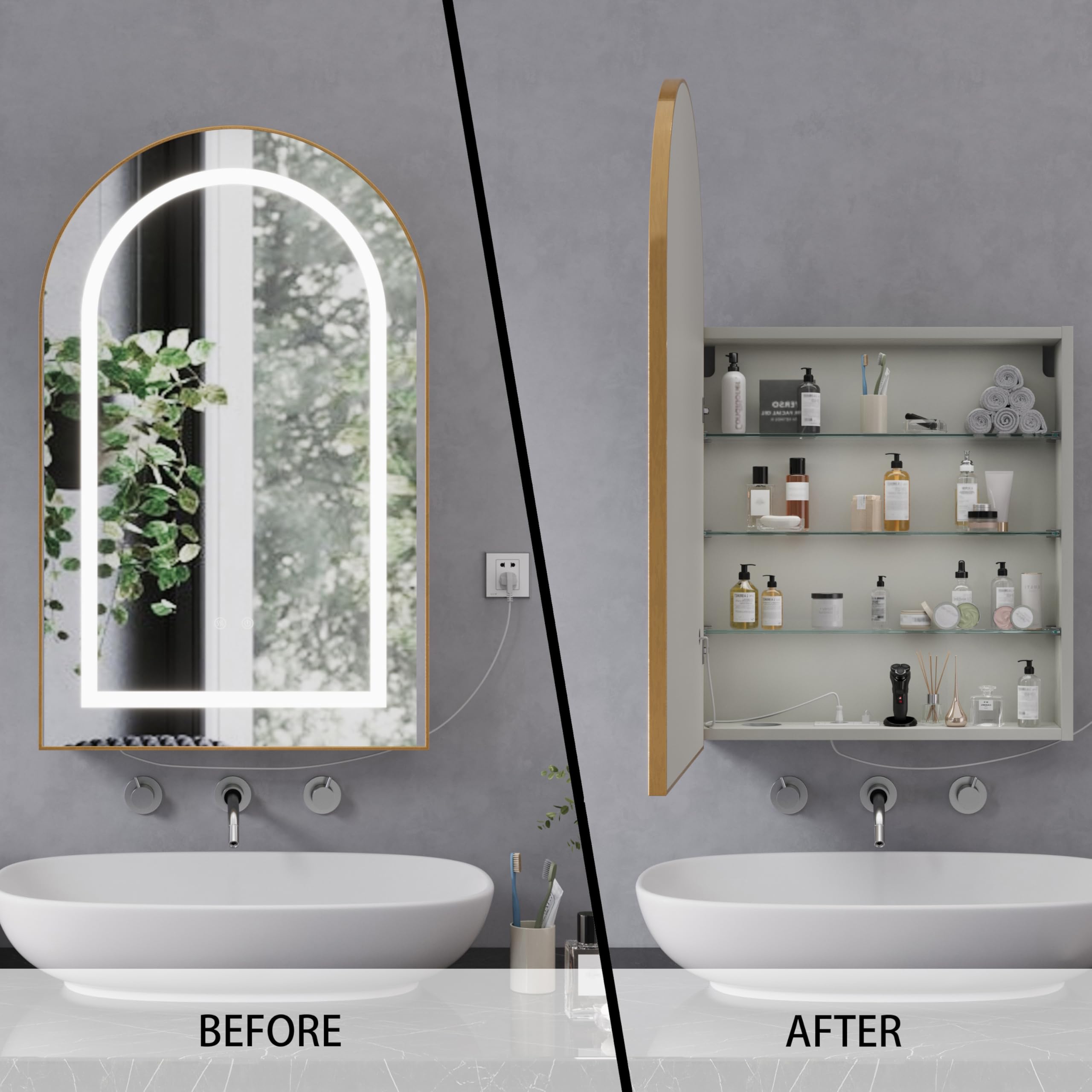 Specchio Bagno Contenitore con 3 Colori Luce e 1 AC/2 USB, Armadio Specchio Bagno con Deumidificazione con 1 Tocco e Funzione di Memoria(Oro Bianco)