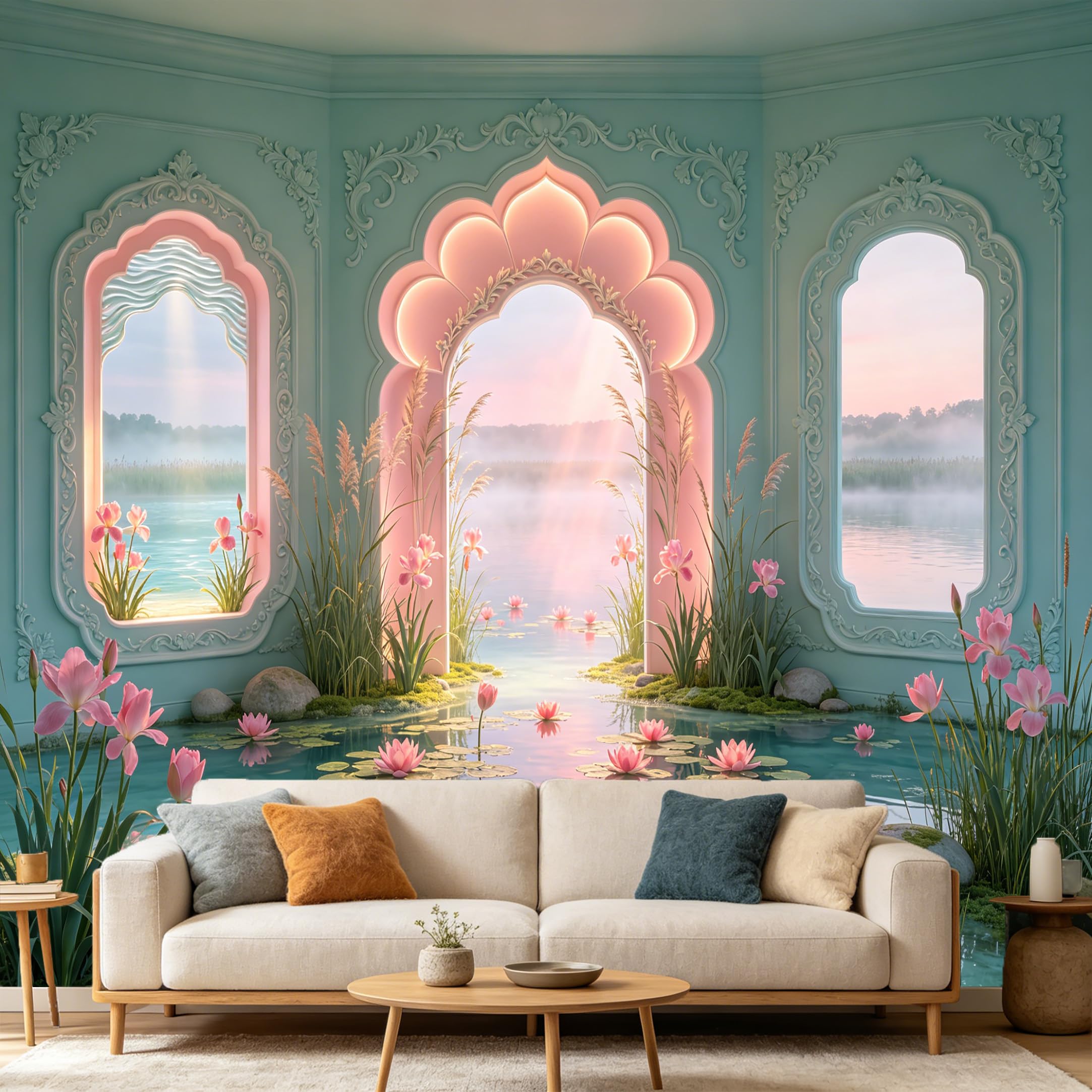 Custom Size Wall Mural， 3D Archway Lake Scenery Pink Floral Pond， SelfAdhesive Art Prints wall Fabric Removable Large Wallpaper Home Living Room Decor