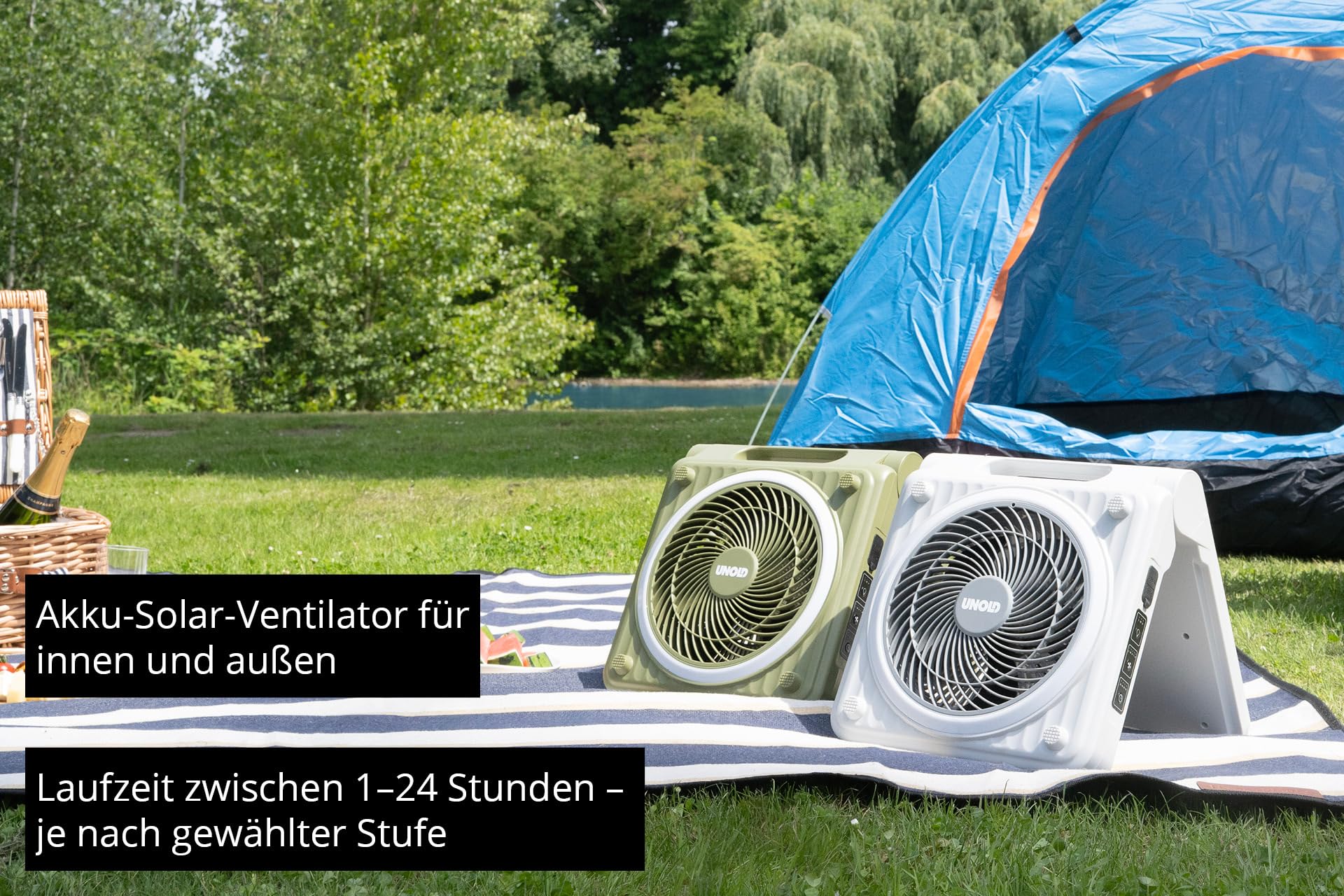 Unold 86516 Standventilator – Solarventilator für Camping | Akku-Solar-Ventilator mit LED-Beleuchtung | 5 Geschwindigkeitsstufen | Bis zu 24h Laufzeit | 5000 mAh Batterie | Grün
