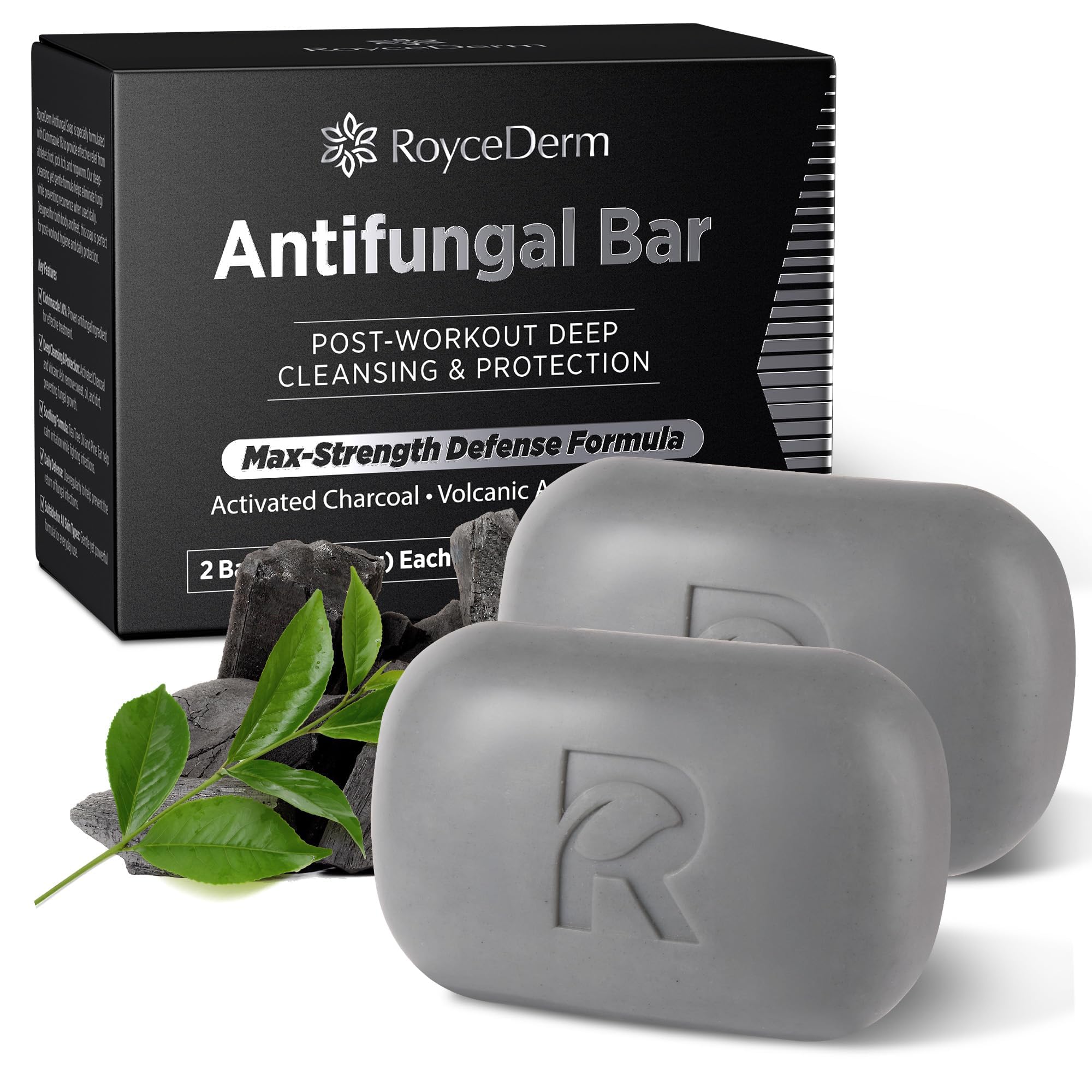 Roycederm Antifungal Bar Soap with Tea Tree, Charcoal & Volcanic Ash – 2-Pack for Active Skin, Daily Shower, and Post-Workout Care