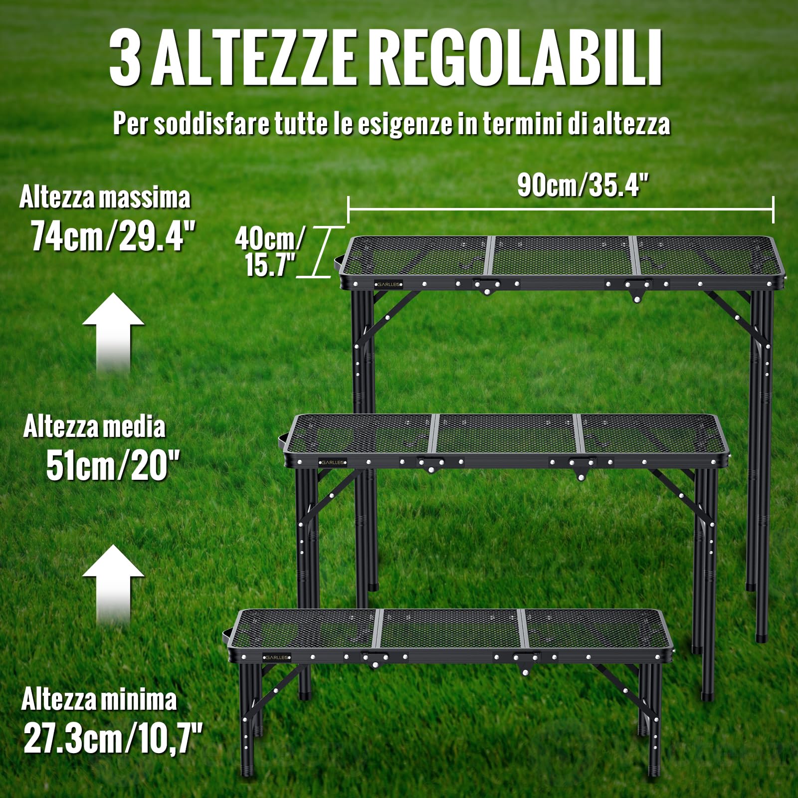 GARLLEN Tavolo Pieghevole per Barbecue,90x40 cm,3 Altezze Regolabili (27/51/74 cm),Tavolo da Giardino in Alluminio,Nero,per Campeeggio Picnic e Spiaggia