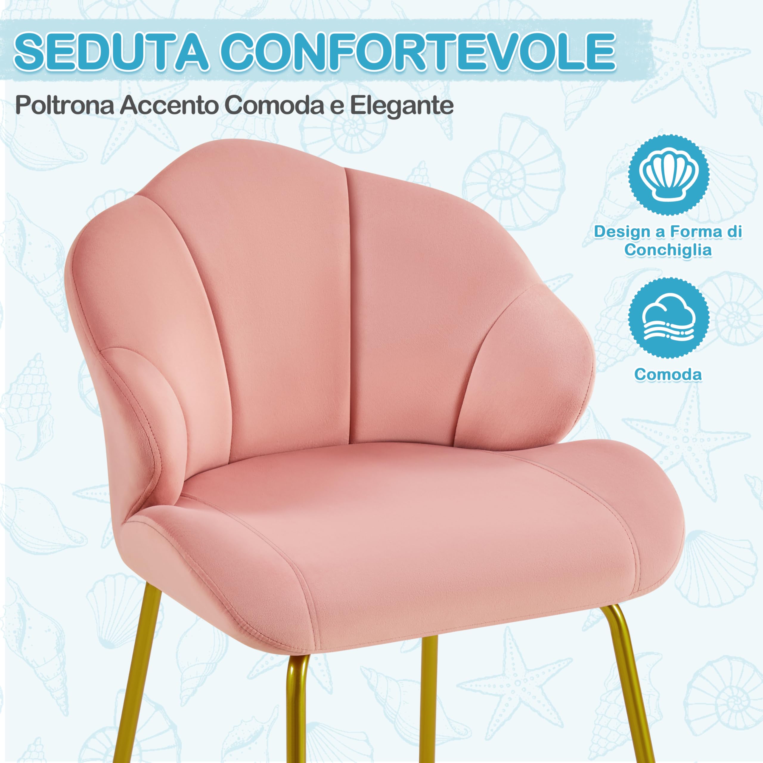 Yaheetech Poltrona in Velluto Moderno Poltrocina con Schienale a Forma di Conchiglia Sedia Imbottita da Lettura per Soggiorno Camera da Letto Ufficio Sedia Laterale da Salotto Shell Rosa