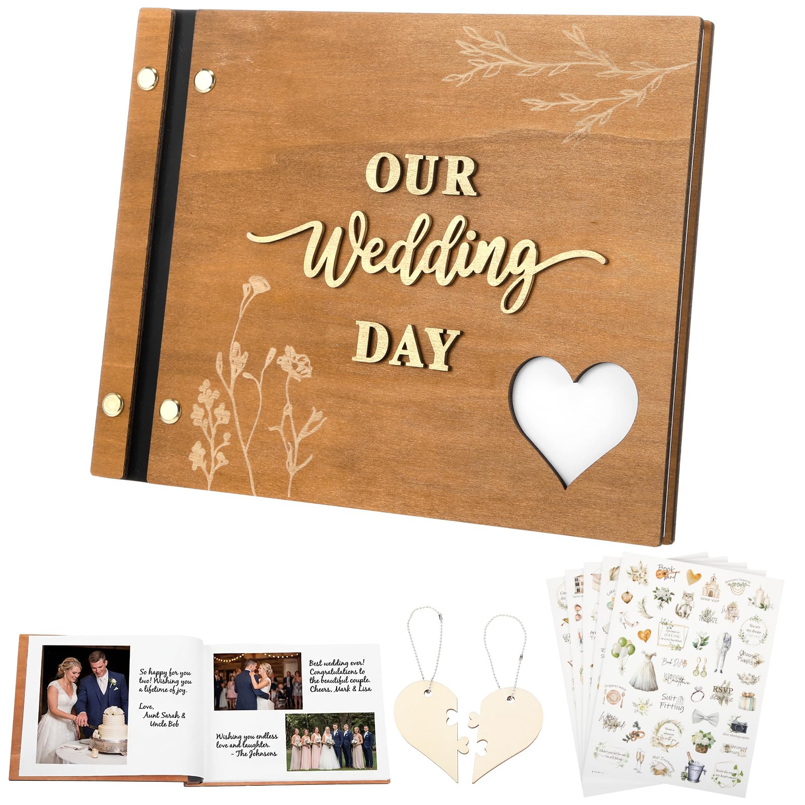 Resurhang Rustikales hölzernes Hochzeitsgästebuch Erinnerungsbuch für Hochzeit, Holzeinband, Foto-Scrapbook, rustikales Andenken, Gästebuch mit Aufklebern für Empfang, Jahrestag, Brautparty