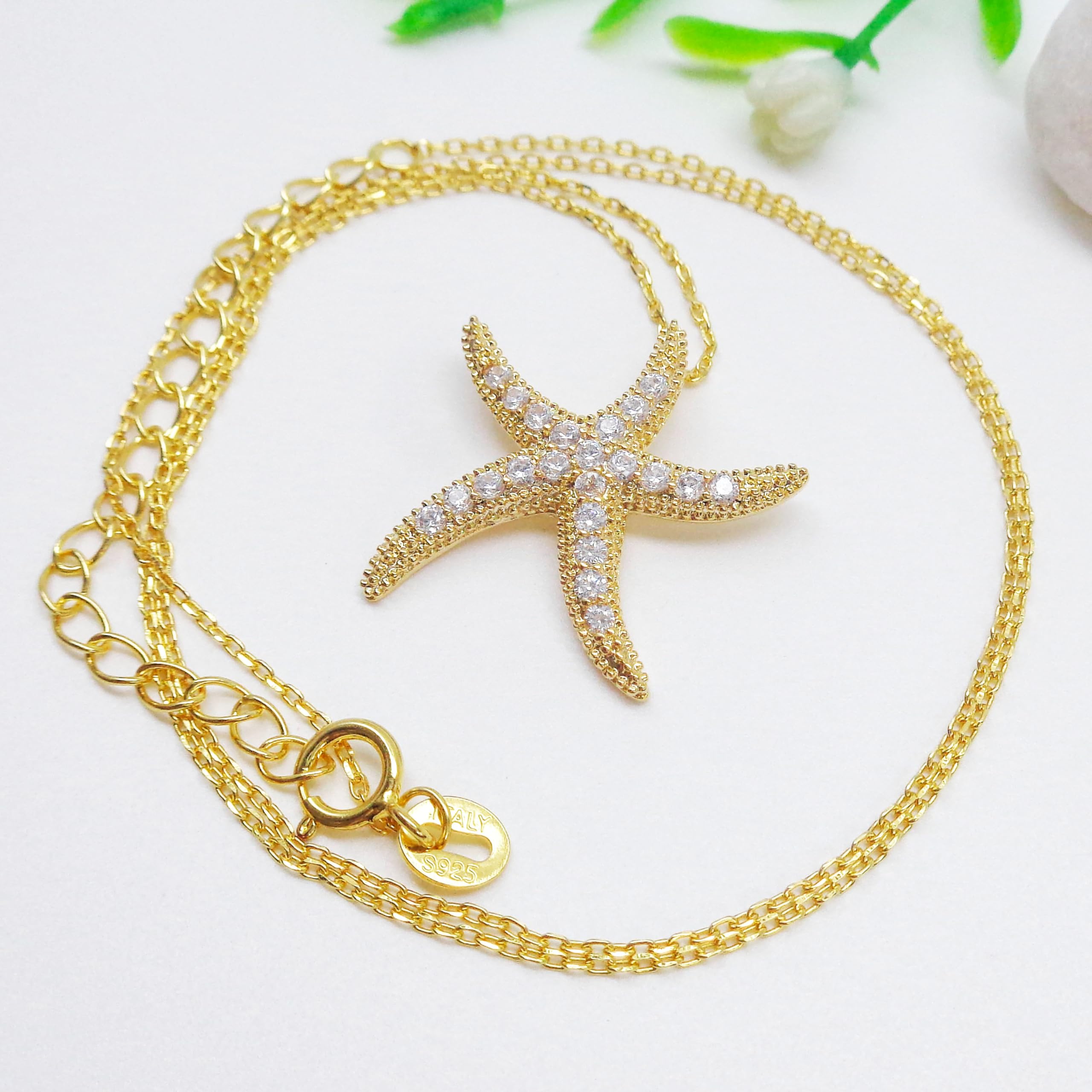 WK99161 - Colgante de plata de ley 925 con estrella de mar y circonita en forma de estrella de mar