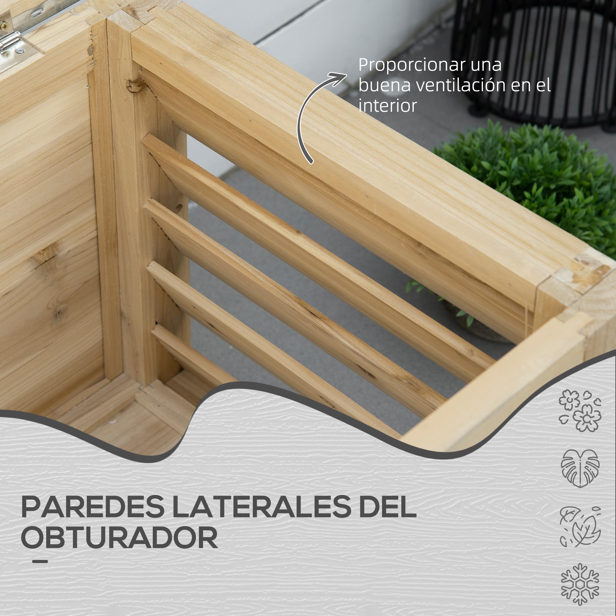 Outsunny Arcón de Jardín Exterior Carga 155L Baúl de Almacenaje Exterior de Madera con Tapa de Metal Galvanizado y Diseño con Listones para Jardín Terraza Balcón 110x50x50 cm Natural