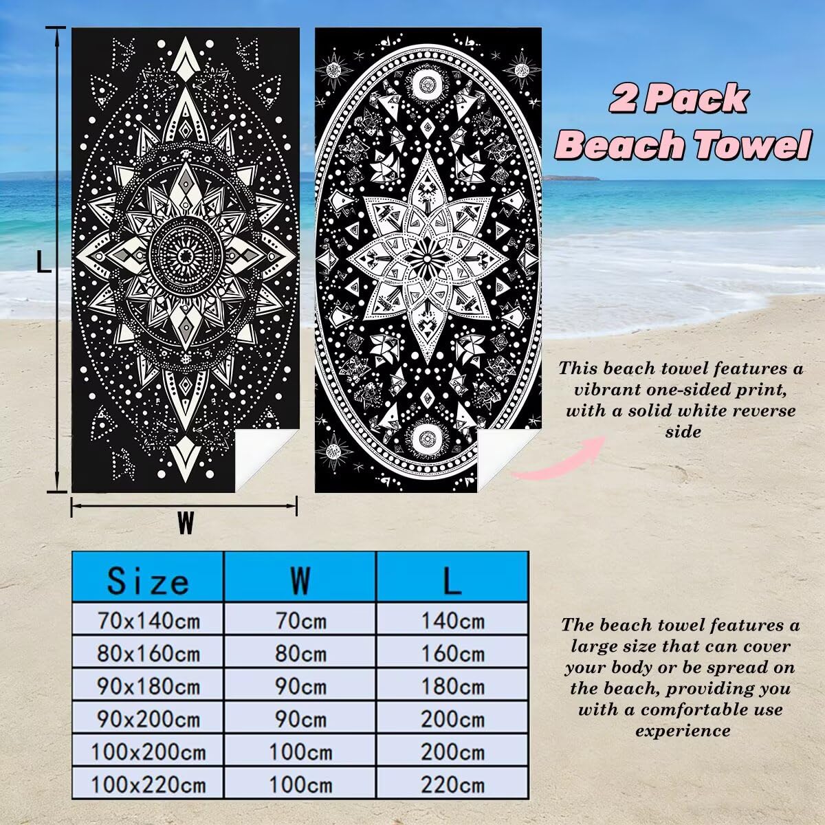 Juego de 2 Toalla Playa Grande 80x160 cm, Secado Rapido Toalla Microfibra Gimnasio, Antiarena Toallas de Playa Negro, Grande Ligera Compacta Toallas Microfibra Mujer Hombre para Viaje Piscina -4774