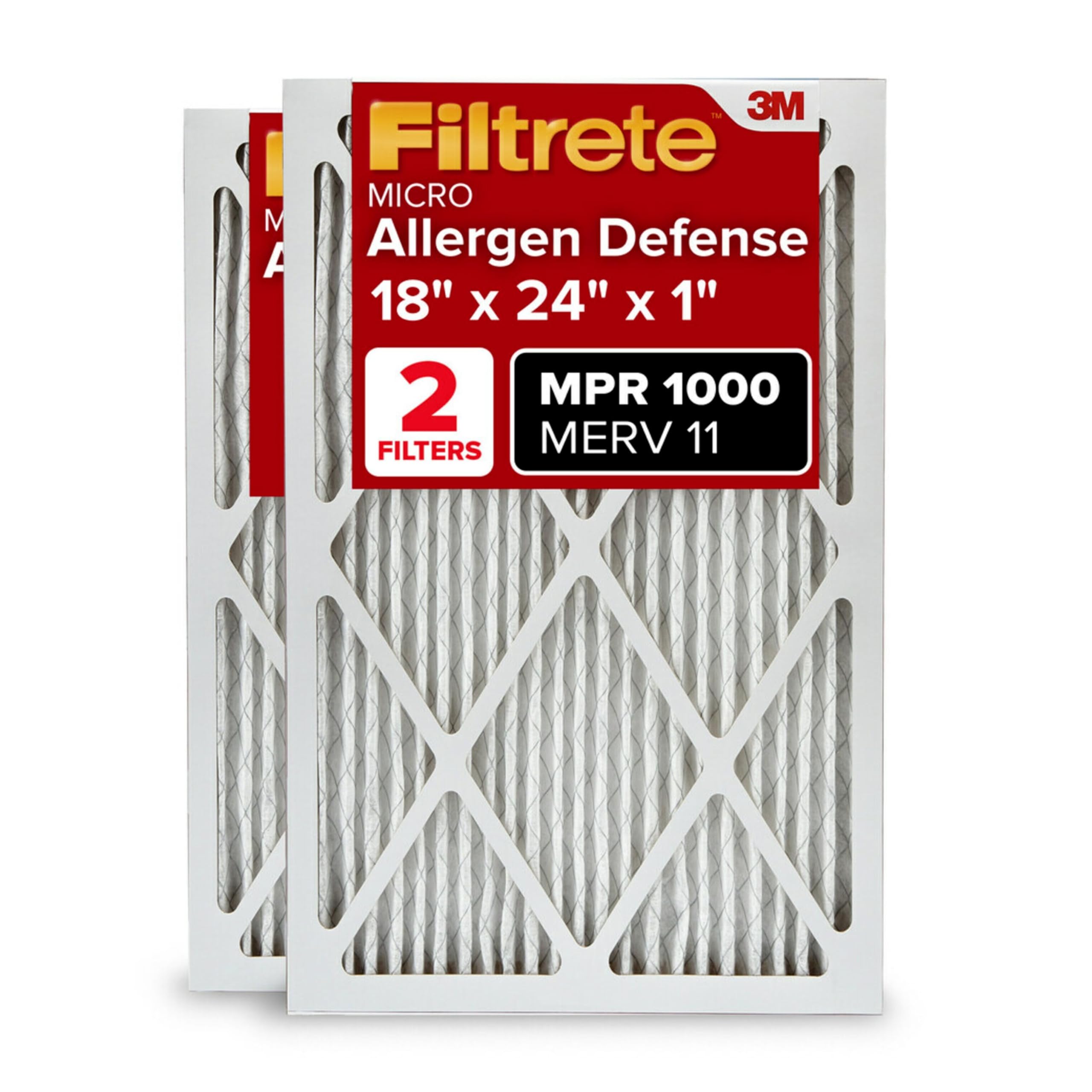 Filtrete 18x24x1 AC Furnace Air Filter, MERV 11, MPR 1000, Micro Allergen Defense, 3-Month Pleated 1-Inch Electrostatic Air Cleaning Filter, 2 Pack (Actual Size 17.81 x 23.81 x 0.81 in)