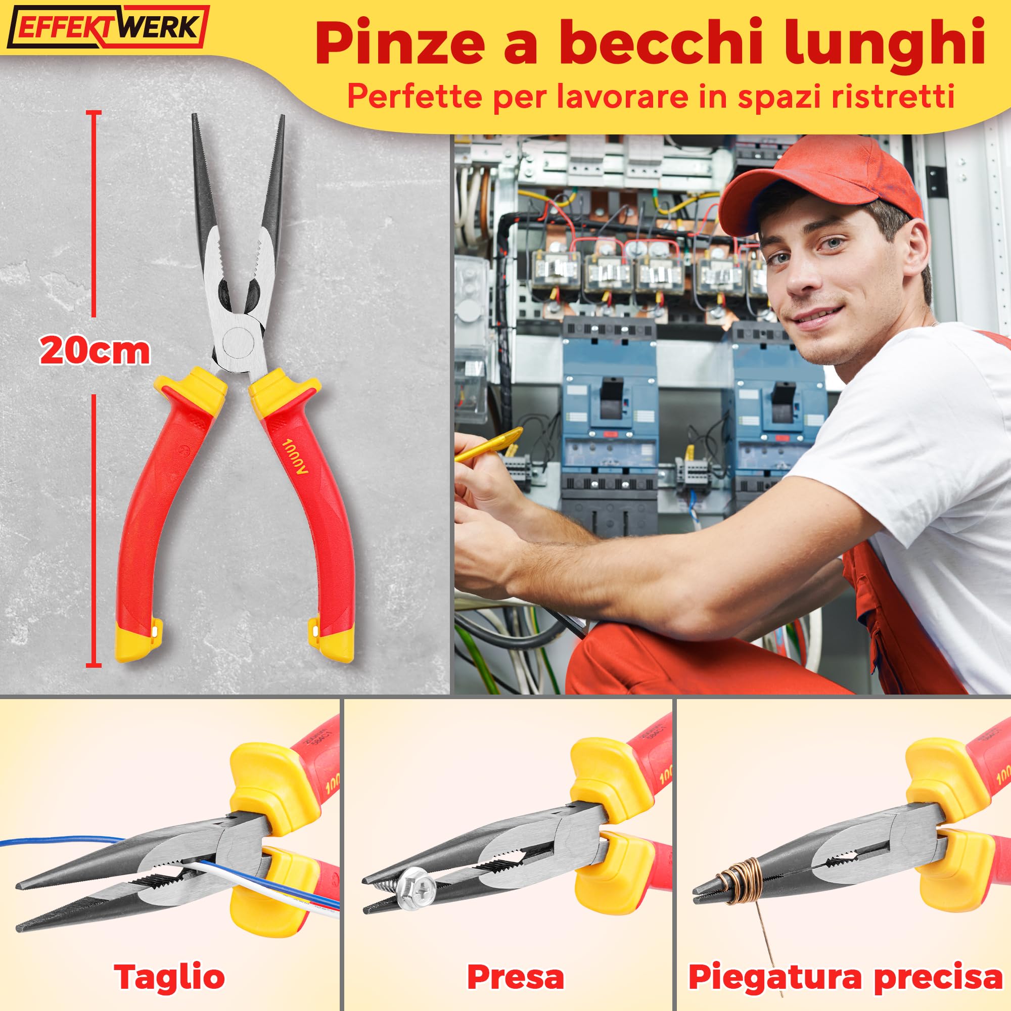 Set di pinze per elettricisti Effektwerk da 3 pezzi, isolate e testate VDE, combinate, pinze lunghe/a becchi d'ago e laterali/a taglio diagonale
