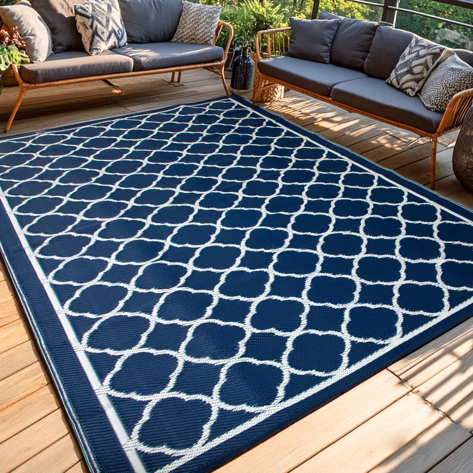 Tapis d'extérieur imperméable de 2,7 x 5,5 m – Tapis réversible en paille de plastique, facile à nettoyer, tapis portable pour patio, camping-car, terrasse, balcon, jardin, pique-nique, plage, trèfle