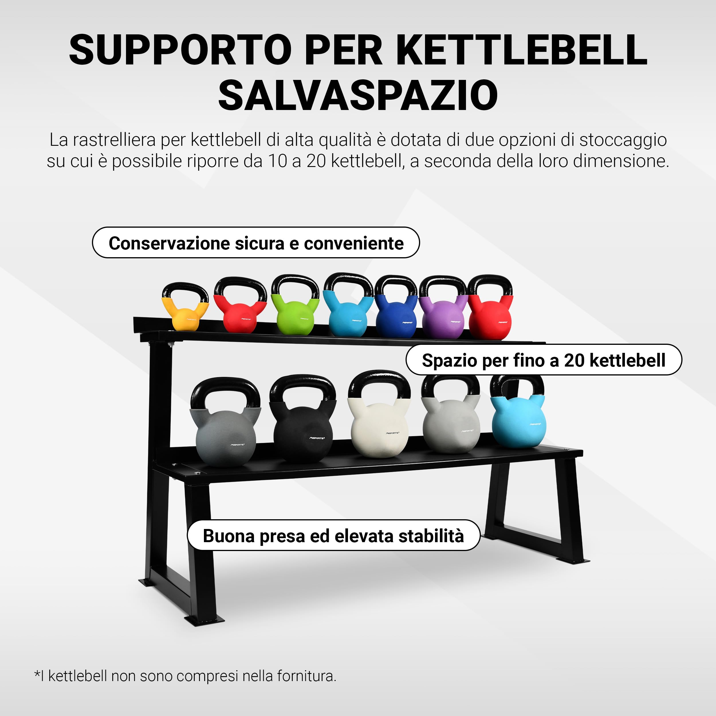 Kettlebell Rack I 2 Livelli – per 14 manubri a Sfera, ripiano per Kettlebell