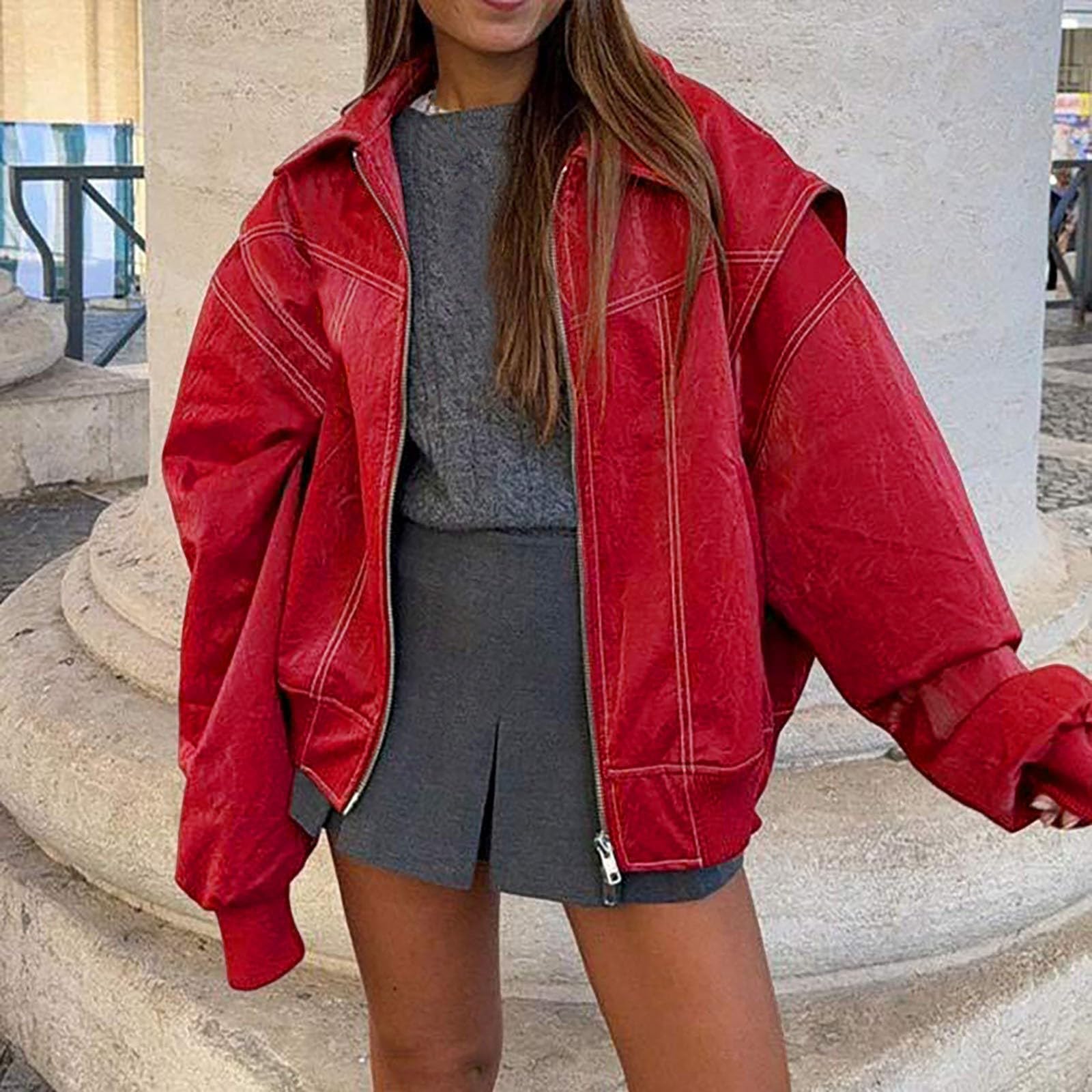 Veste Cuir Femme à Revers, Manteau Zippé-Blouson Moto Femme Manches Longues De Couleur Unie DéContractées Mode Vestes Automne Et Hiver D'ExtéRieur Coupe Ample Chic Et Elegant Pas Cher Manteaux