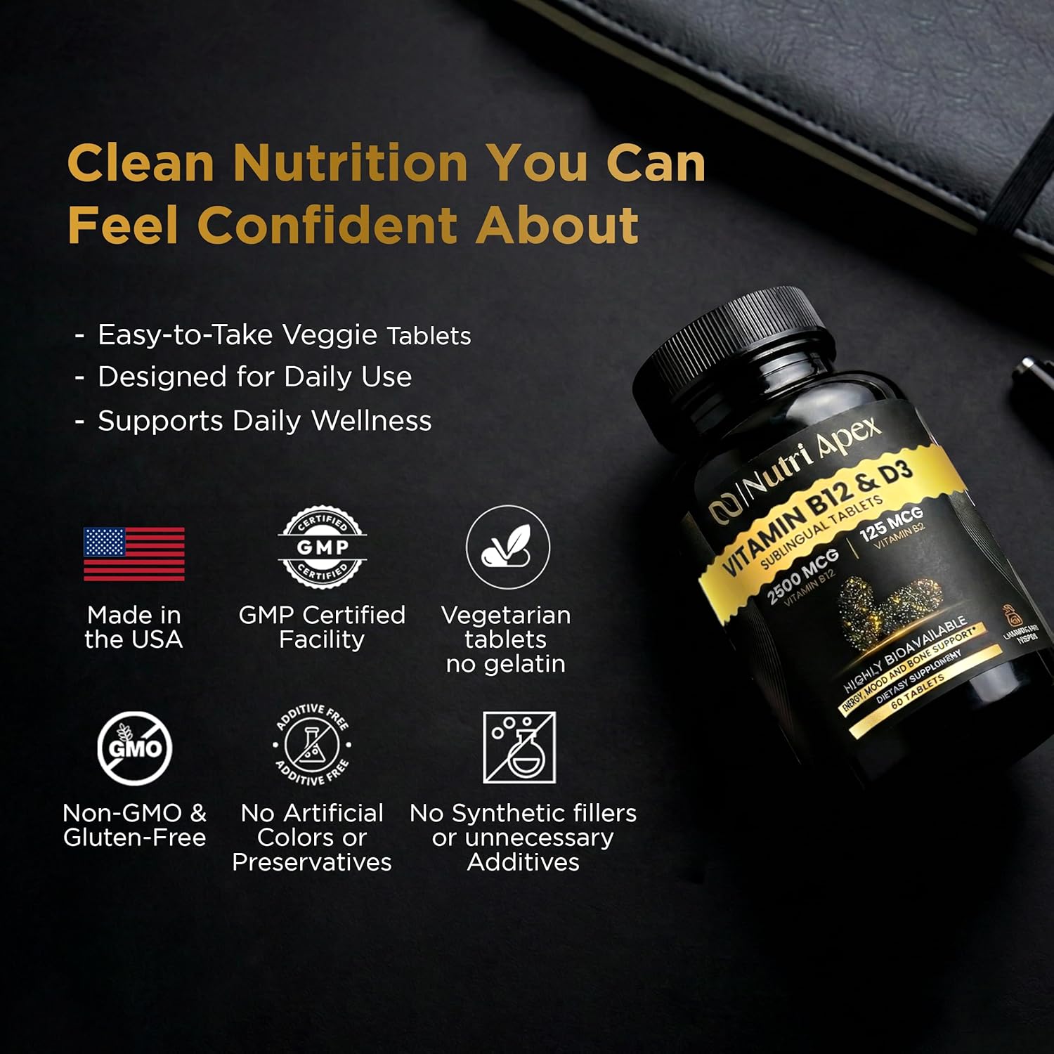 Vitamin B12 2500mcg + Vitamin D3 5000 IU (125mcg) Sublingual Tablets, 60 Count, Daily Energy & Bone Support, Lab Tested, Made in USA (120 Count (Pack of 2))