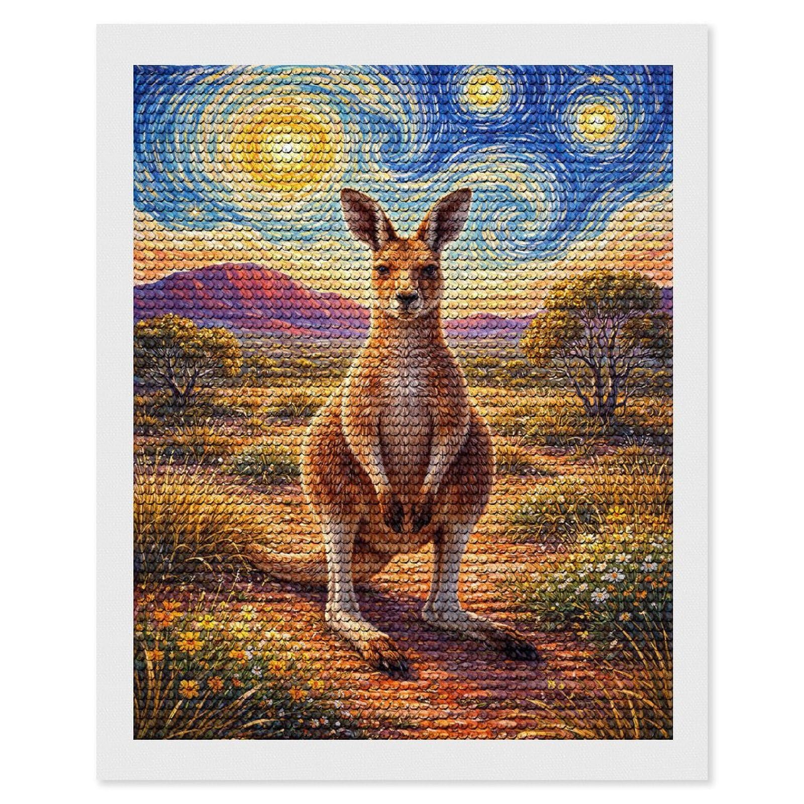 Junmoney Kangaroo Under Starry Sky Diamond Painting Set 16"x20", Full Kit Included, Sparkling Round Gems, Farmhouse Decor, Festive Craft Gift