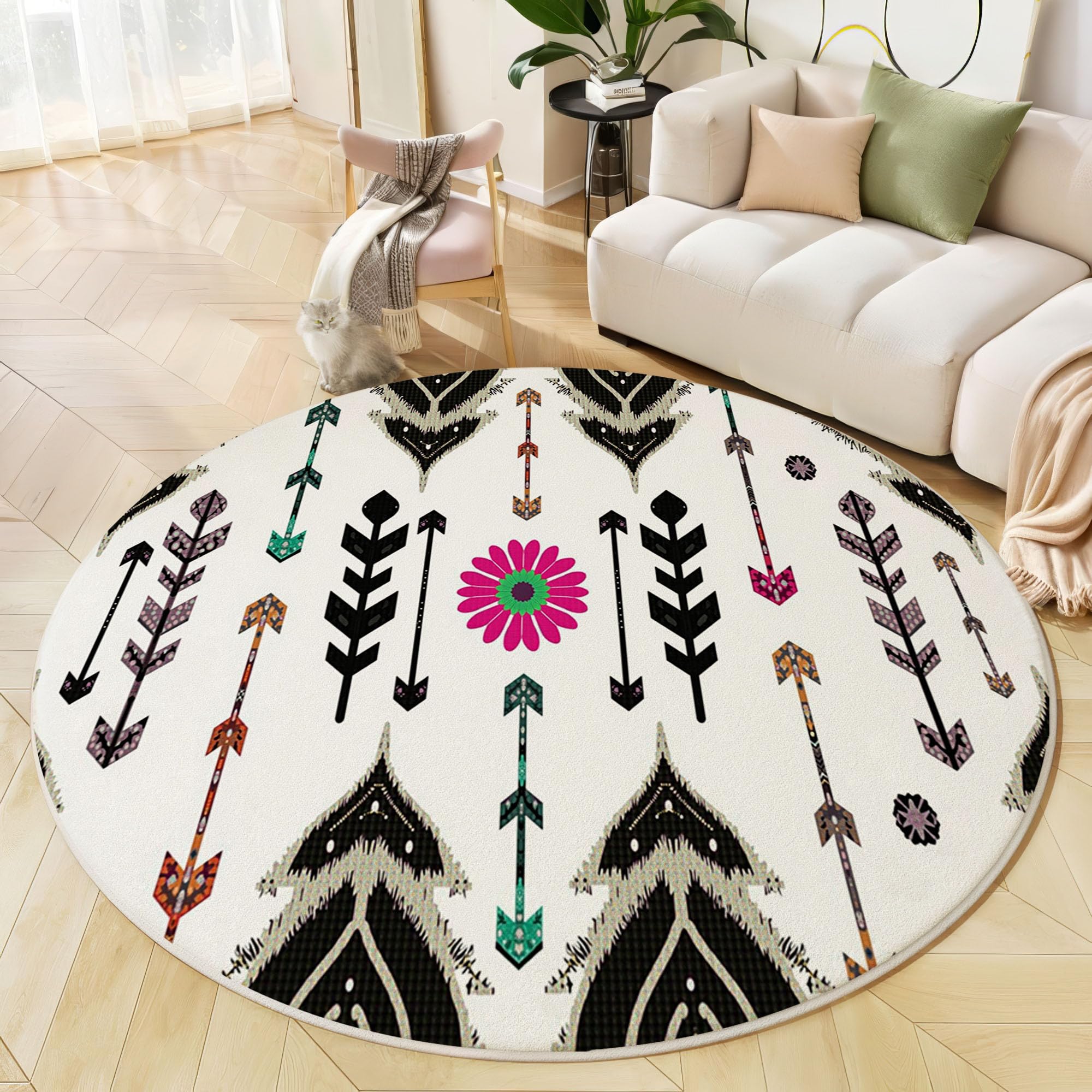 Tapis rond de salon noir et blanc 120 cm lavable en machine à motifs flèches