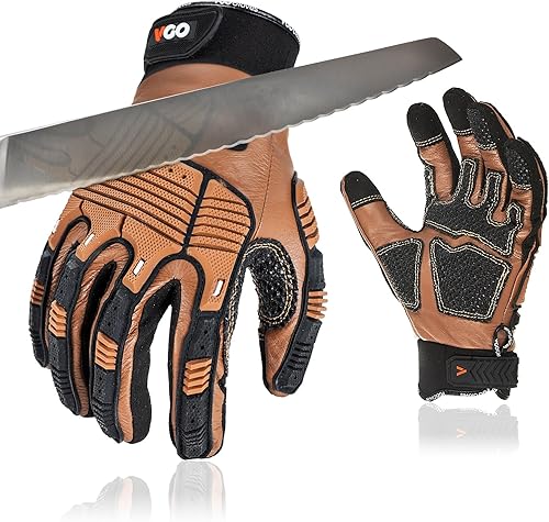 Vgo... Guantes de trabajo resistentes a cortes,Guantes a prueba de cortes para hombres,Guantes de impacto,Guantes de mecánico de cuero de cabra