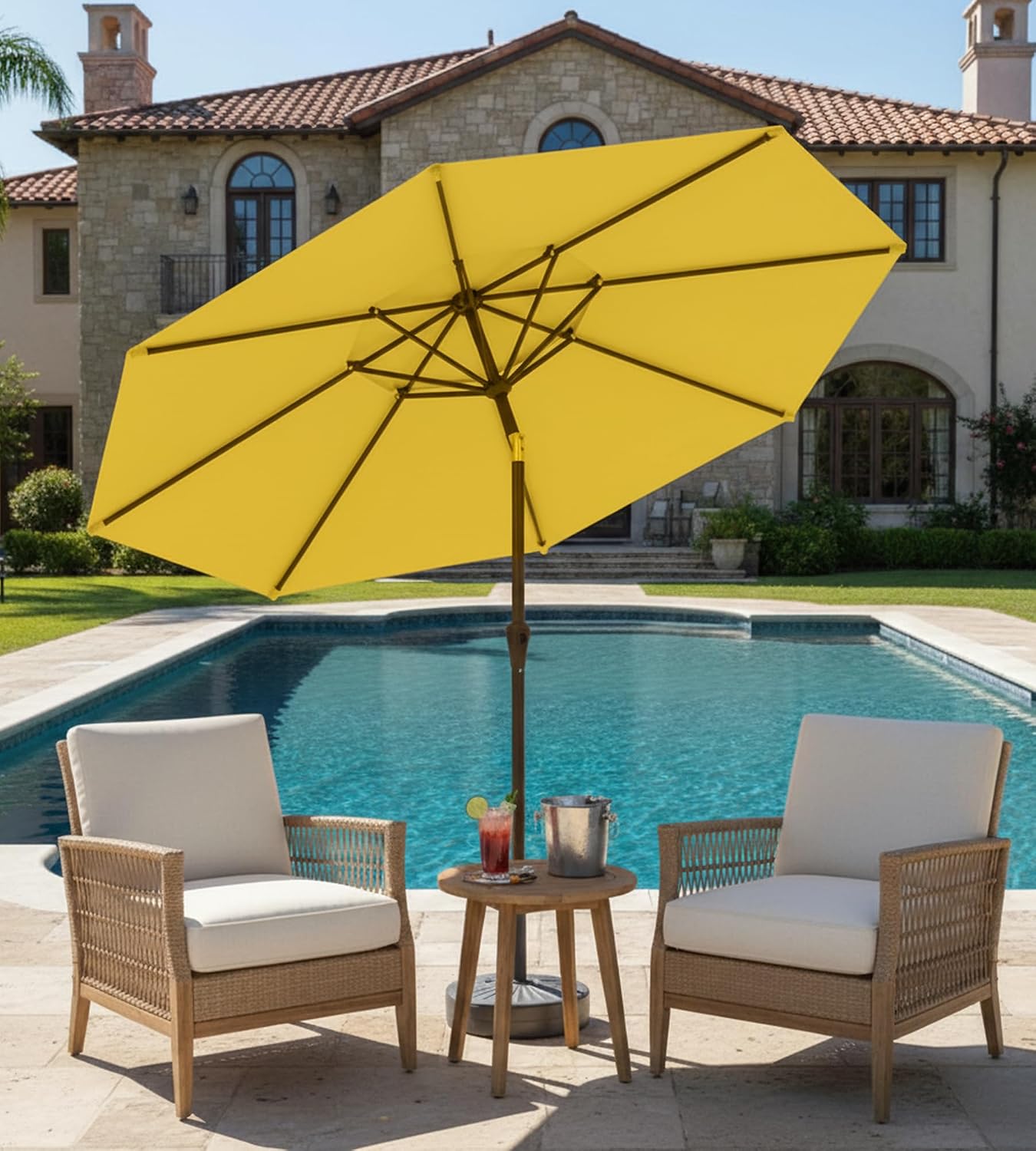 9FT Auto-Tilt Patio Umbrella|Outdoor Market Table Umbrella with 8 Fiberglass Ribs for Pool,Deck&Backyard (Yellow)