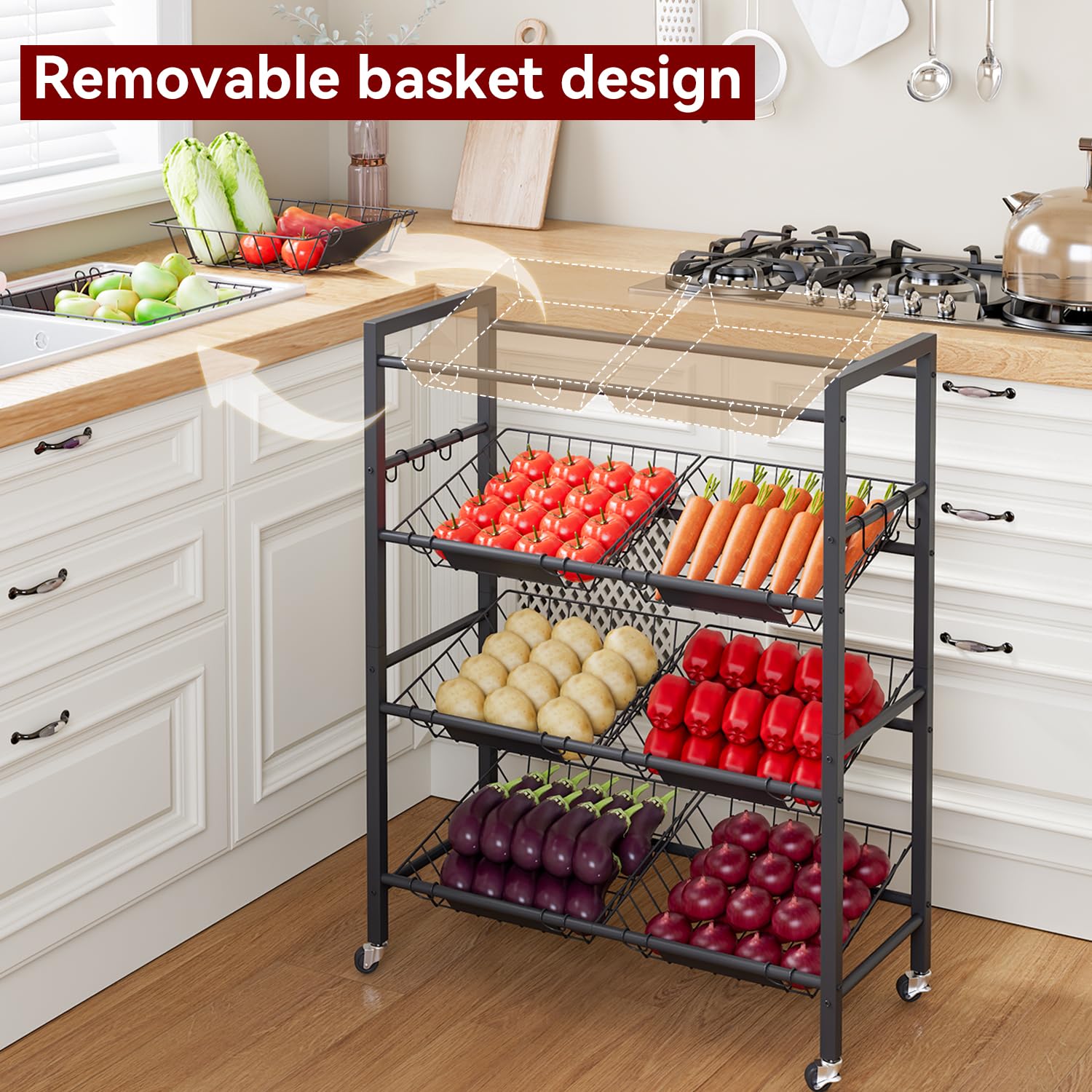 IBUYKE Carrello Grande per Conservazione di Frutta, Carrellino Portatutto in Metallo con 8 Cestelli Rimovibili,Carrello Multiuso con Ruote per Contenitori di Verdure Cipolle e Patate,Nero TLJ025B