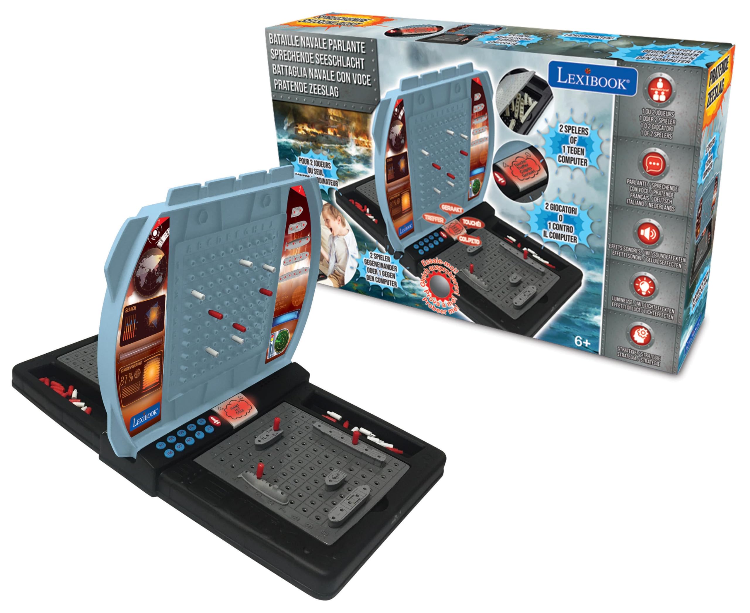 LEXIBOOK, Talking Sea Battle (French, Italian, Dutch, German), Electronic board game 1 or 2 players, interactive, light and sound effects, strategy, battery operated, grey/black, GT2800LXB