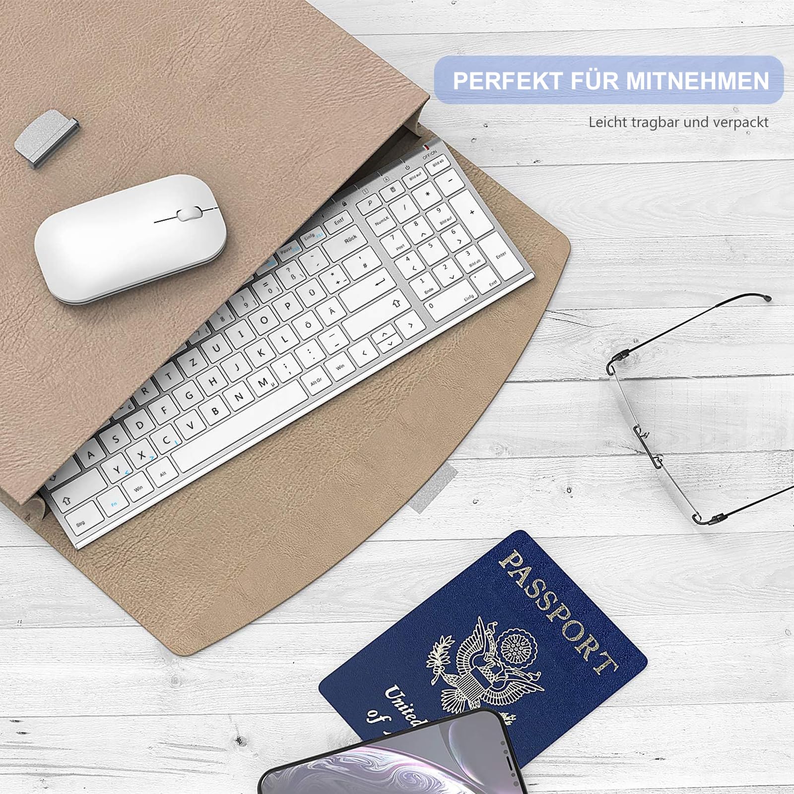 seenda WGJP-031B teclado ratón Set Inalámbrico, QWERTZ Layout, Blanco y Plata | Teclado de aluminio recargable con teclado inalámbrico compacto y ultrafino con ratón para PC, ordenador portátil, Smart TV