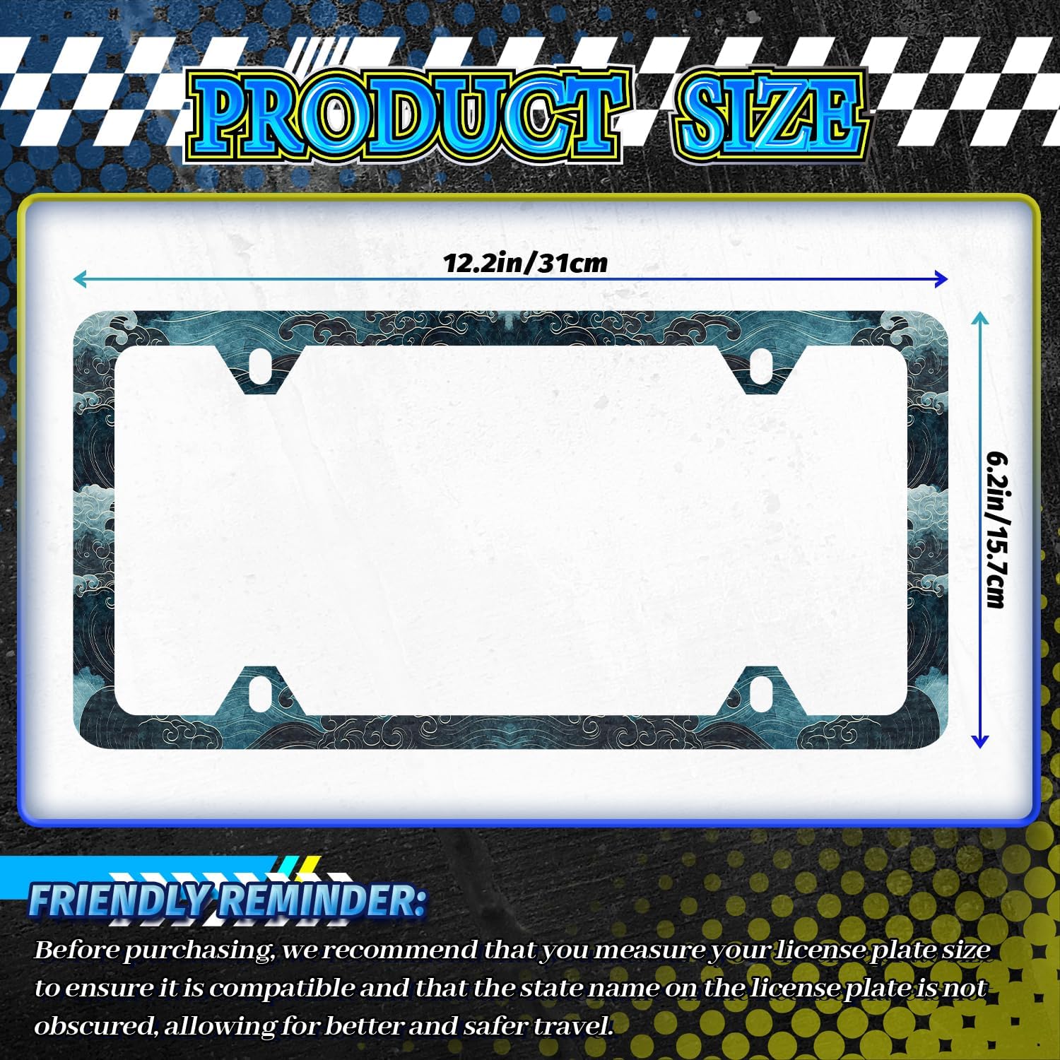 2pcs Ocean Wave License Plate Frame Blue Texture Waves Print License Plate Holders Stainless Steel Colorful Auto Accessory Bracket Holes Screws Universal Us Car License Plate Frames 6.2 x 12.2 Inch
