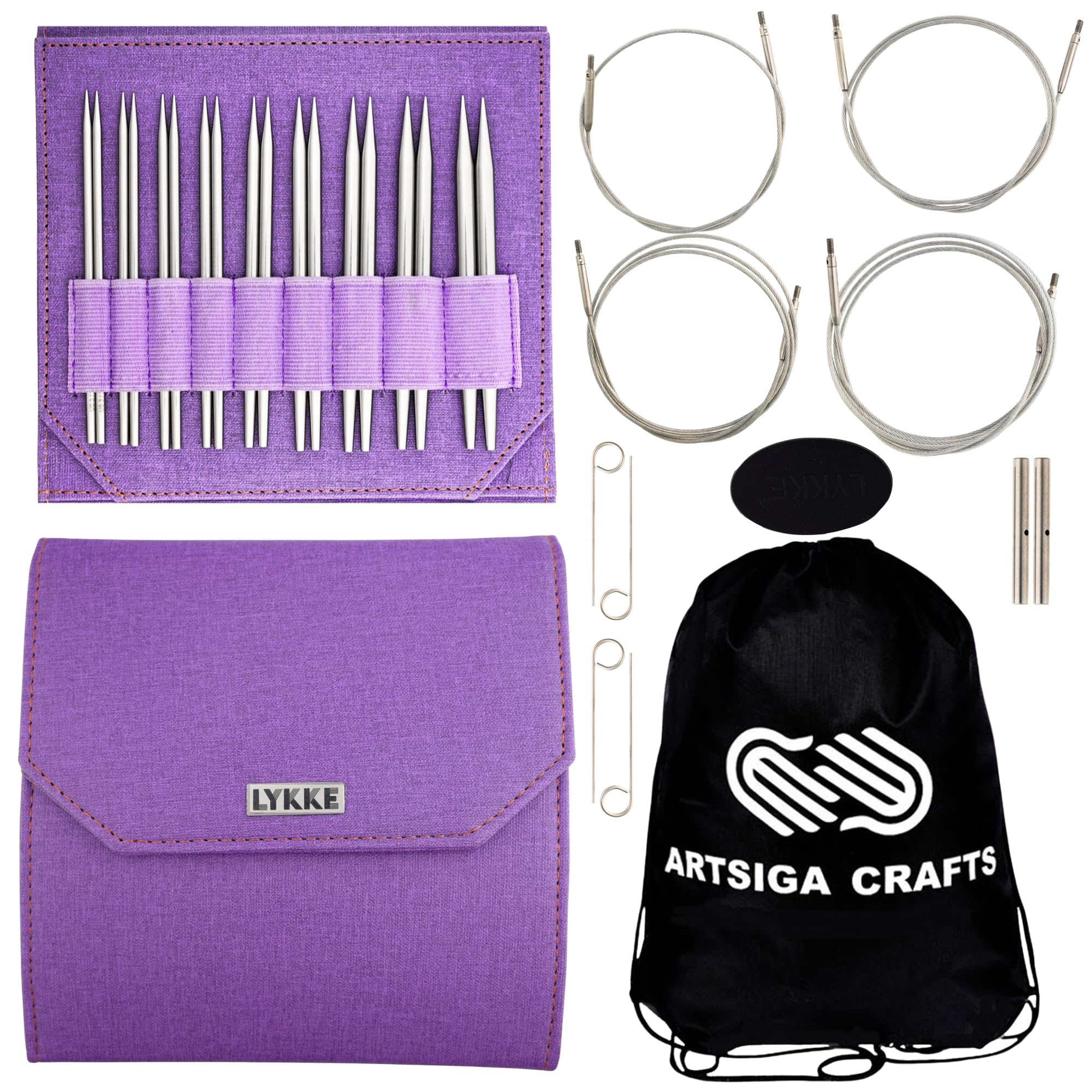 Lykke Flight 5 in. Standard Set US Sizes 3, 4, 5, 6, 7, 8, 9, 10, 10.5 Interchangeable Circ. Knitting Needles for Sport, DK, Worsted Yarn, Stainless Steel, 4 Swivel Cords, Purple Case, Project Bag