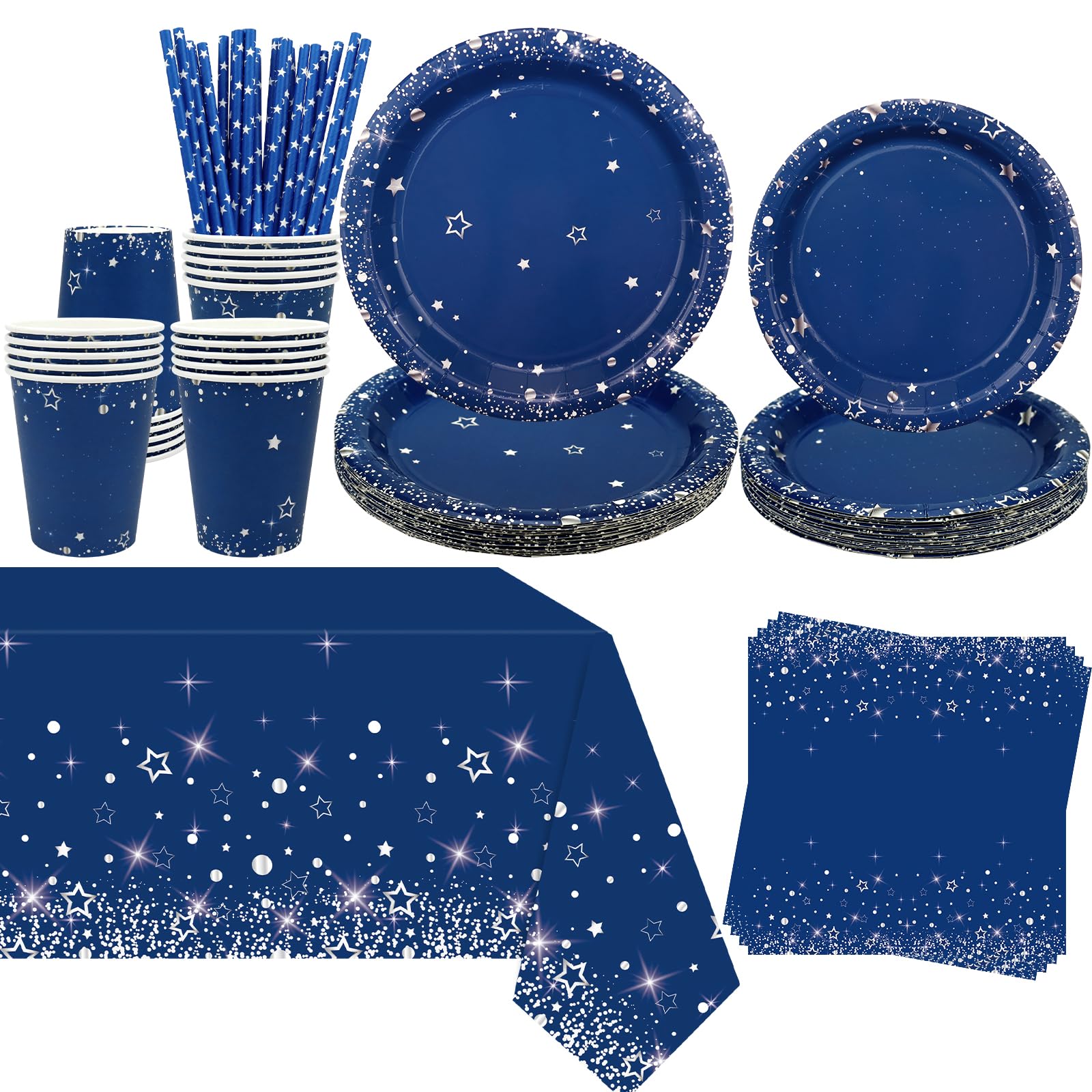 Decorazioni per feste di compleanno, blu navy e argento, per feste, include piatti, bicchieri, tovaglioli, tovaglie, cannucce, 20 pezzi