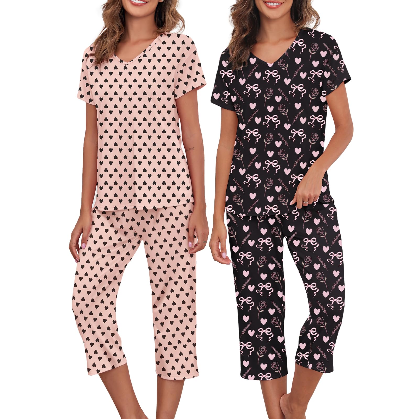 View 1 of ***MISSING PARTS***American Trends  Womens Heart Pajama Sets Bow Pajamas Cute Pink Pjs Black Loungewear Cotton Pj  Short Sleeve Sleepwear Tops with Capri Pants Set8 M