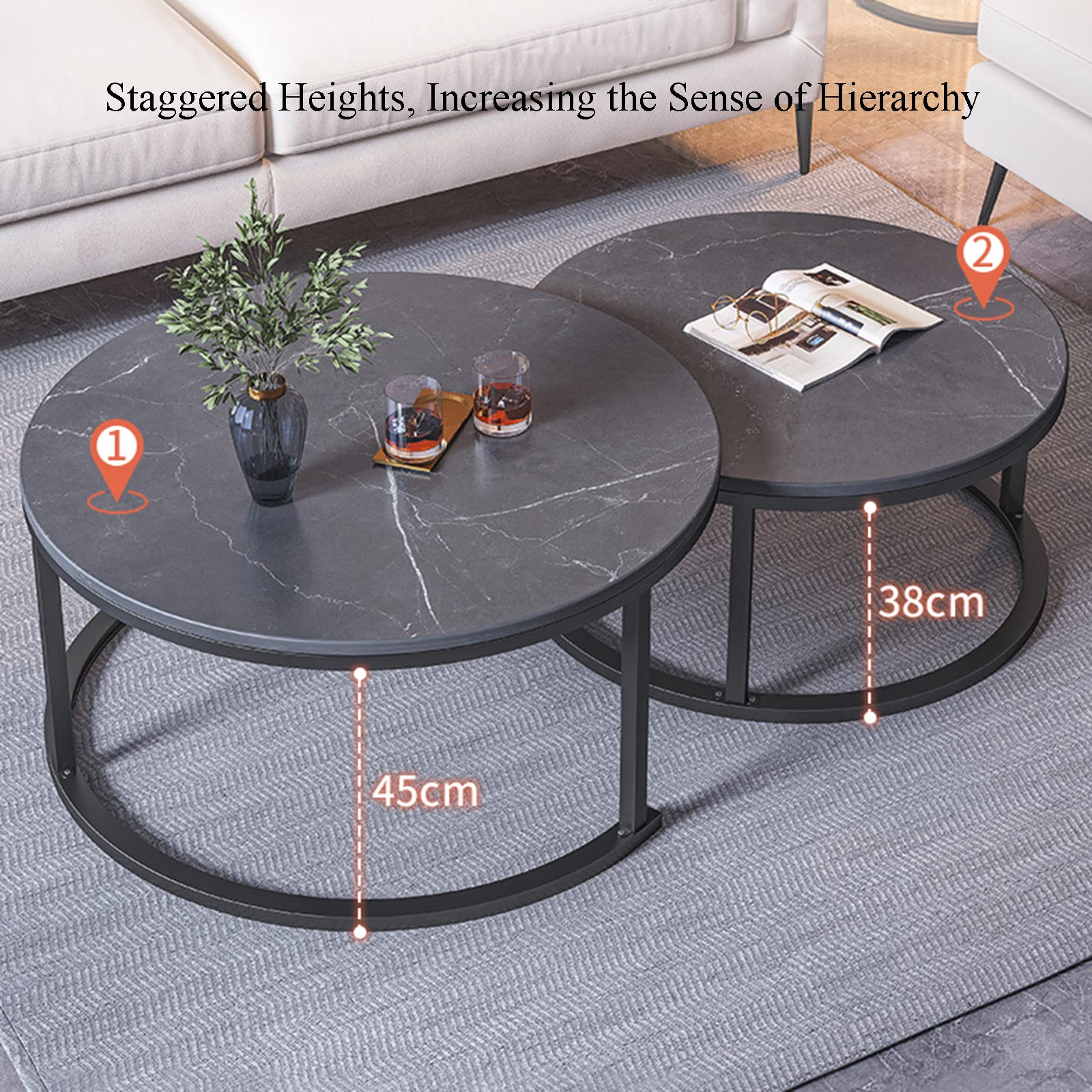 Set 2 Tavolini Rotondi Neri Per Soggiorno – Moderno Tavolino Da Caffè Con Struttura In Metallo, Piccole Dimensioni Per Balcone E Camera Da Letto - 5