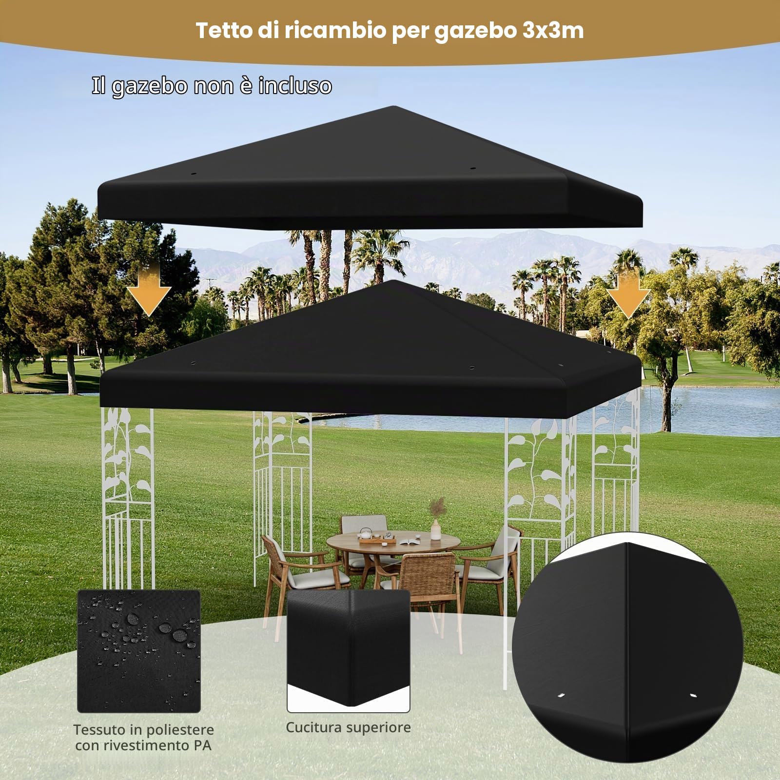 FANTASK Copertura di ricambio per gazebo, 3 x 3 m, con chiusure in, impermeabile e stabile, per gazebo da giardino (nero)