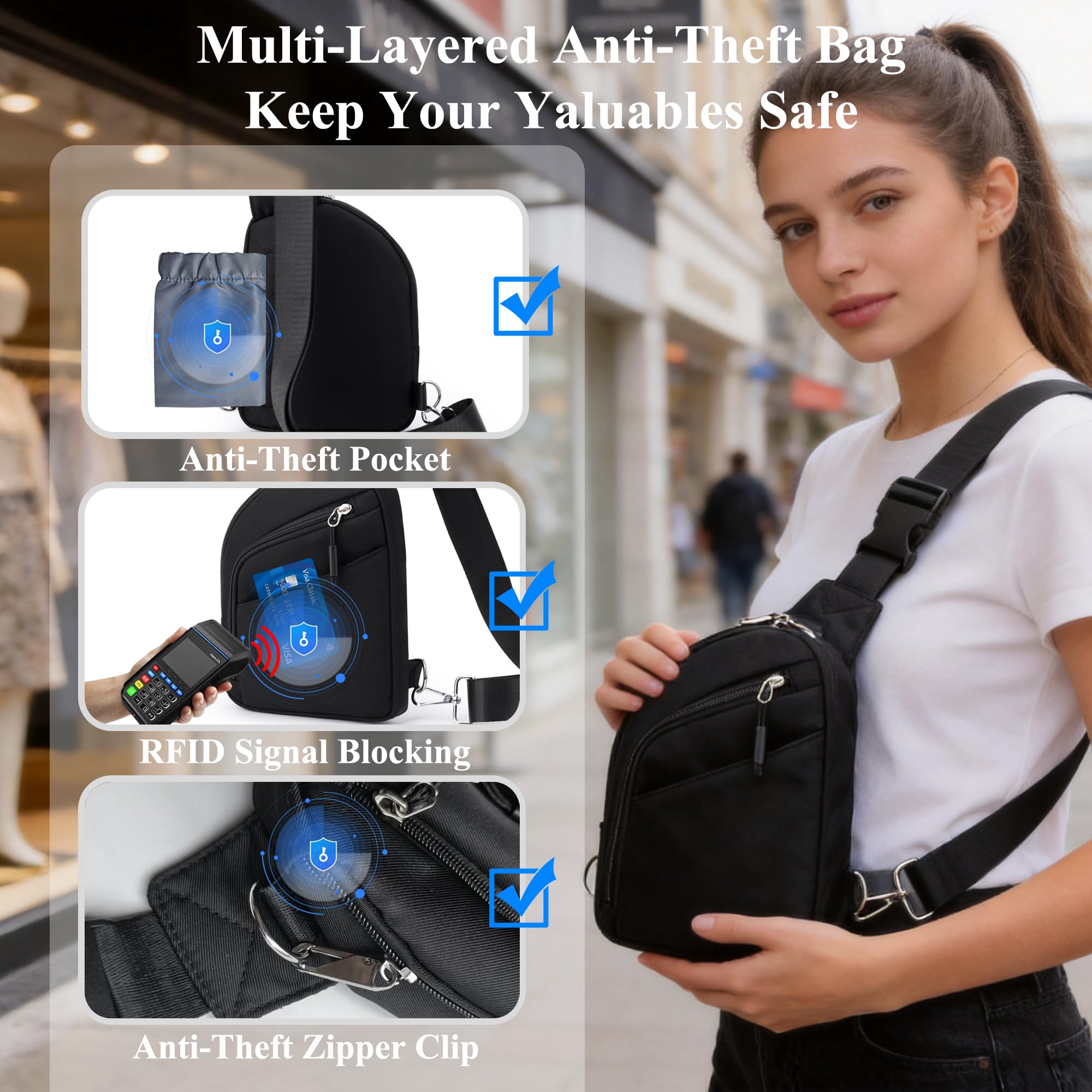 BIRDDIE Borsa a tracolla per donne e uomini, antifurto, RFID, in tessuto Oxford idrorepellente, multitasche, tracolla regolabile, per viaggi, pendolari e uso quotidiano