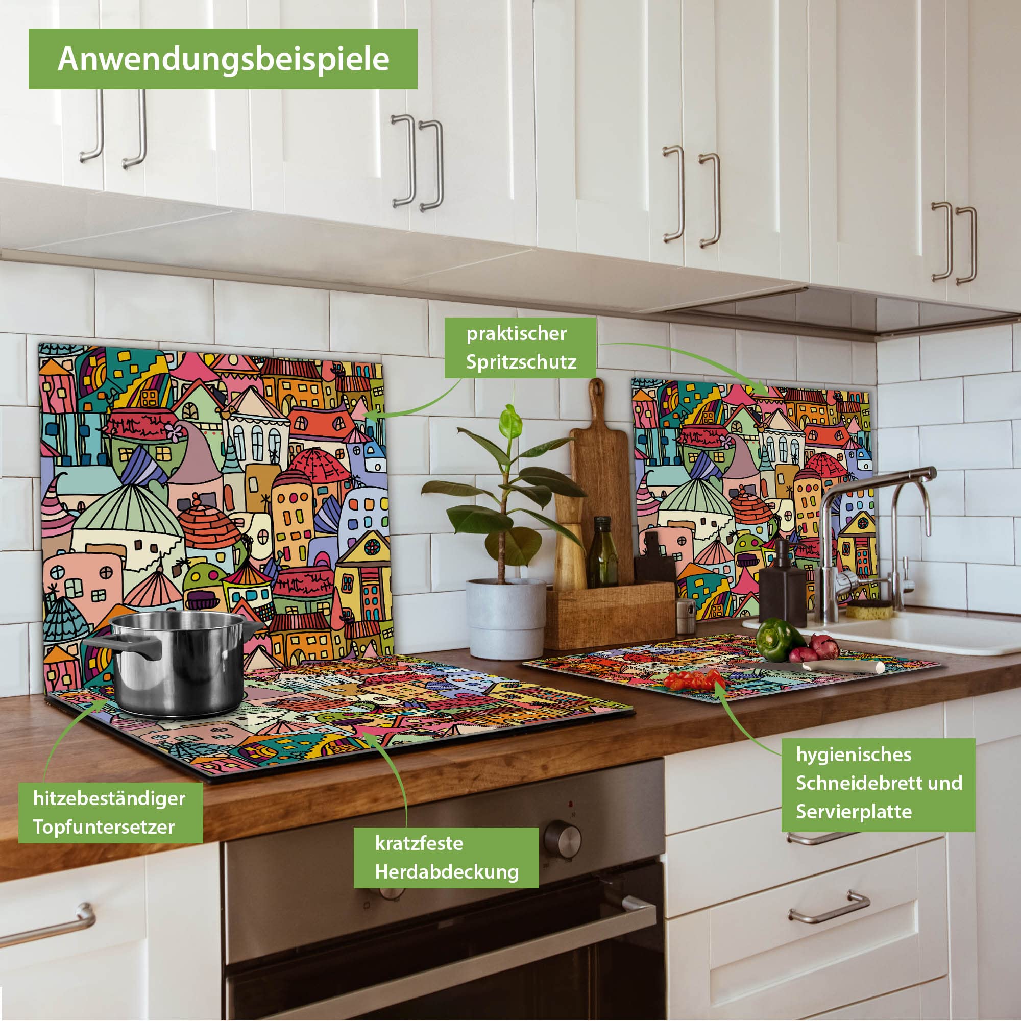 banjado Herdabdeckplatte Glas mit abstraktem Muster Design mit Schneidebrett Funktion, 60x52 cm einteilig, gehärtetes Sicherheitsglas, Ceranfeld Abdeckung als Spritzschutz, mit Motiv Funky Town